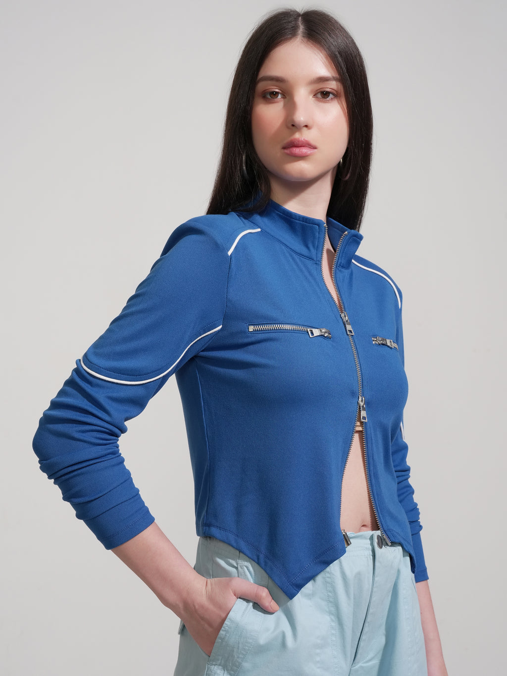 Tokyo Talkies Women Blue Solid Fitted Top - Blue - Image 6