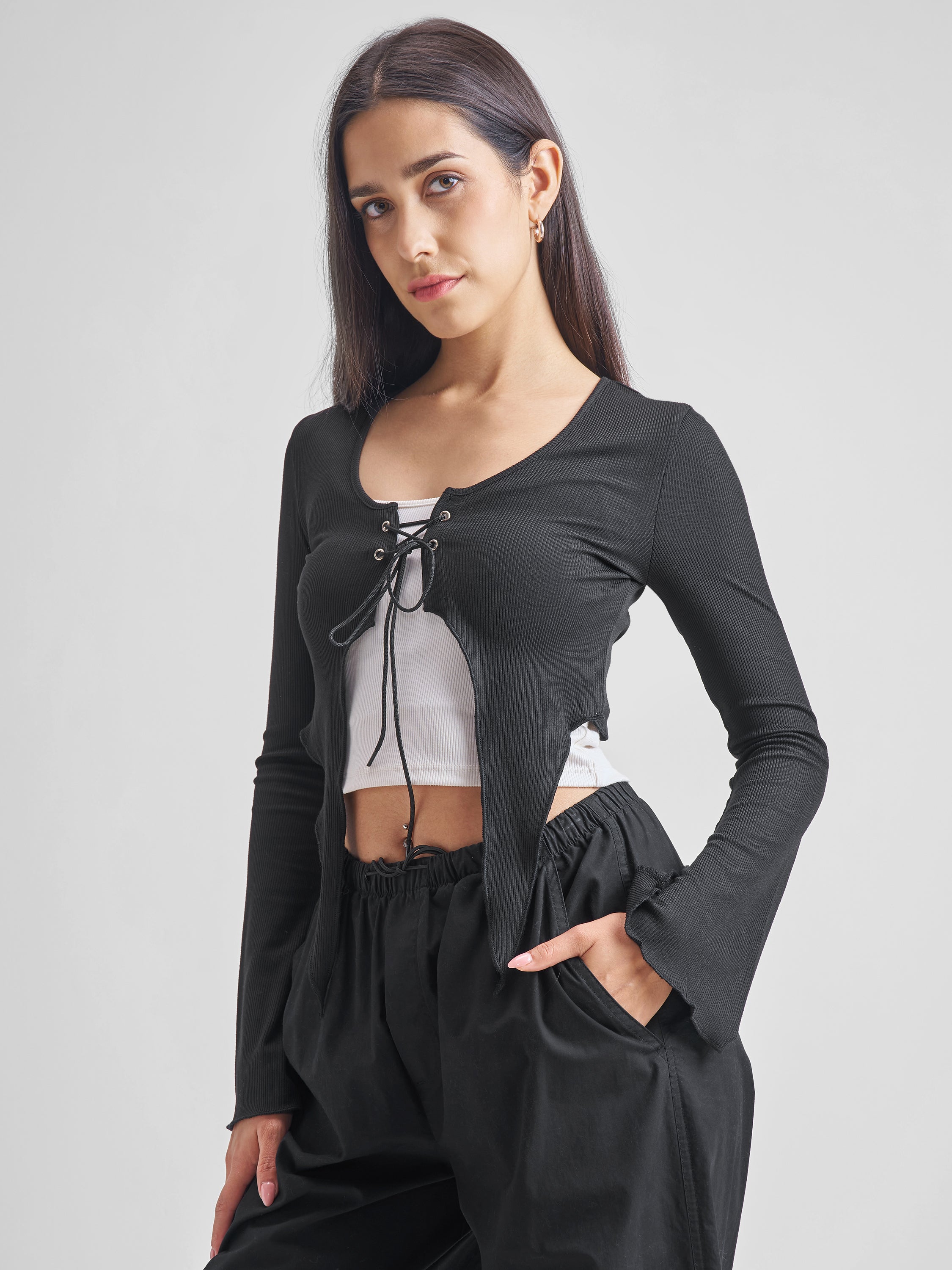 Tokyo Talkies Women Black Solid Fitted Top - Black - Image 4