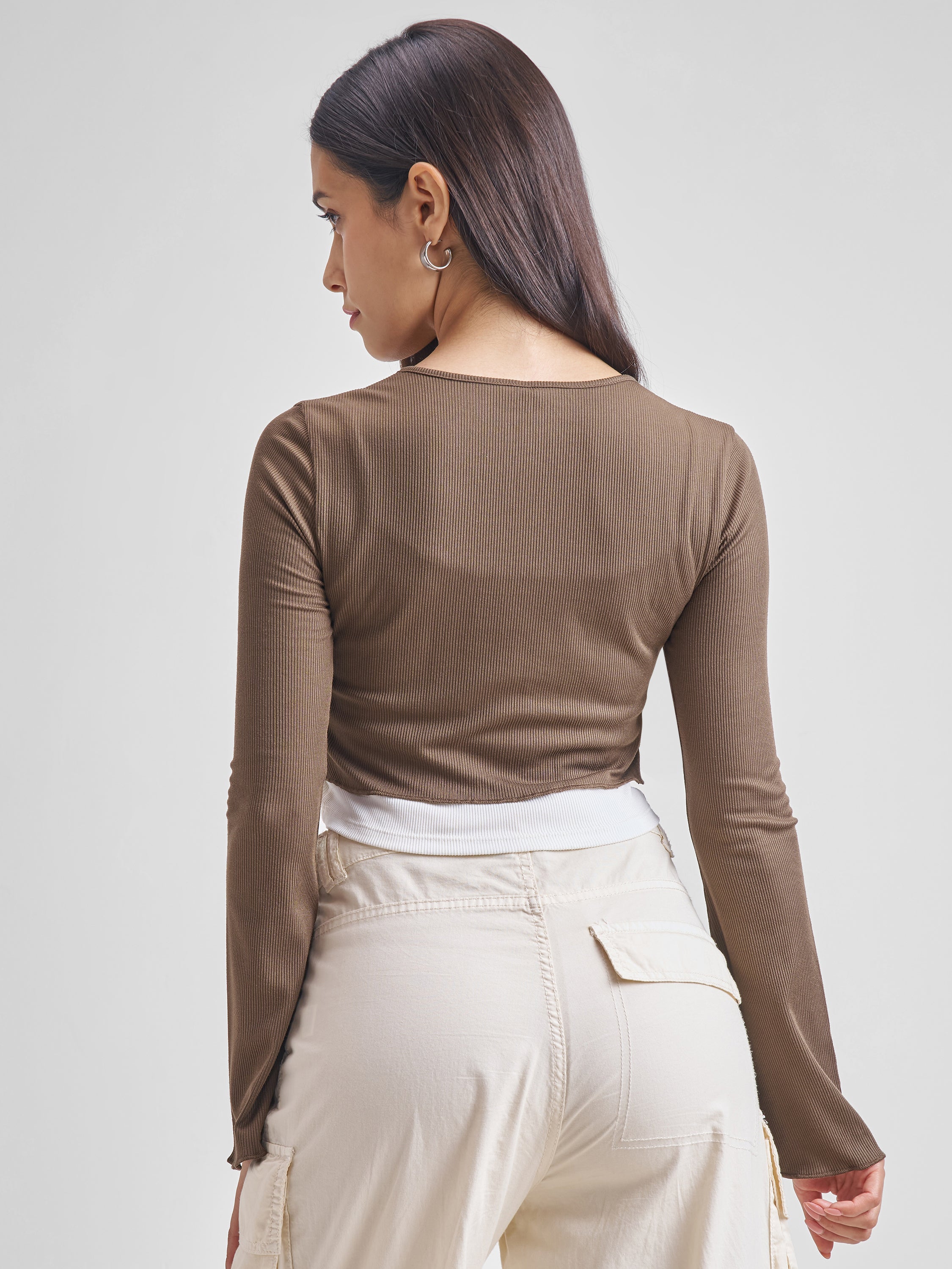 Tokyo Talkies Women Brown Solid Fitted Top - Brown - Image 3