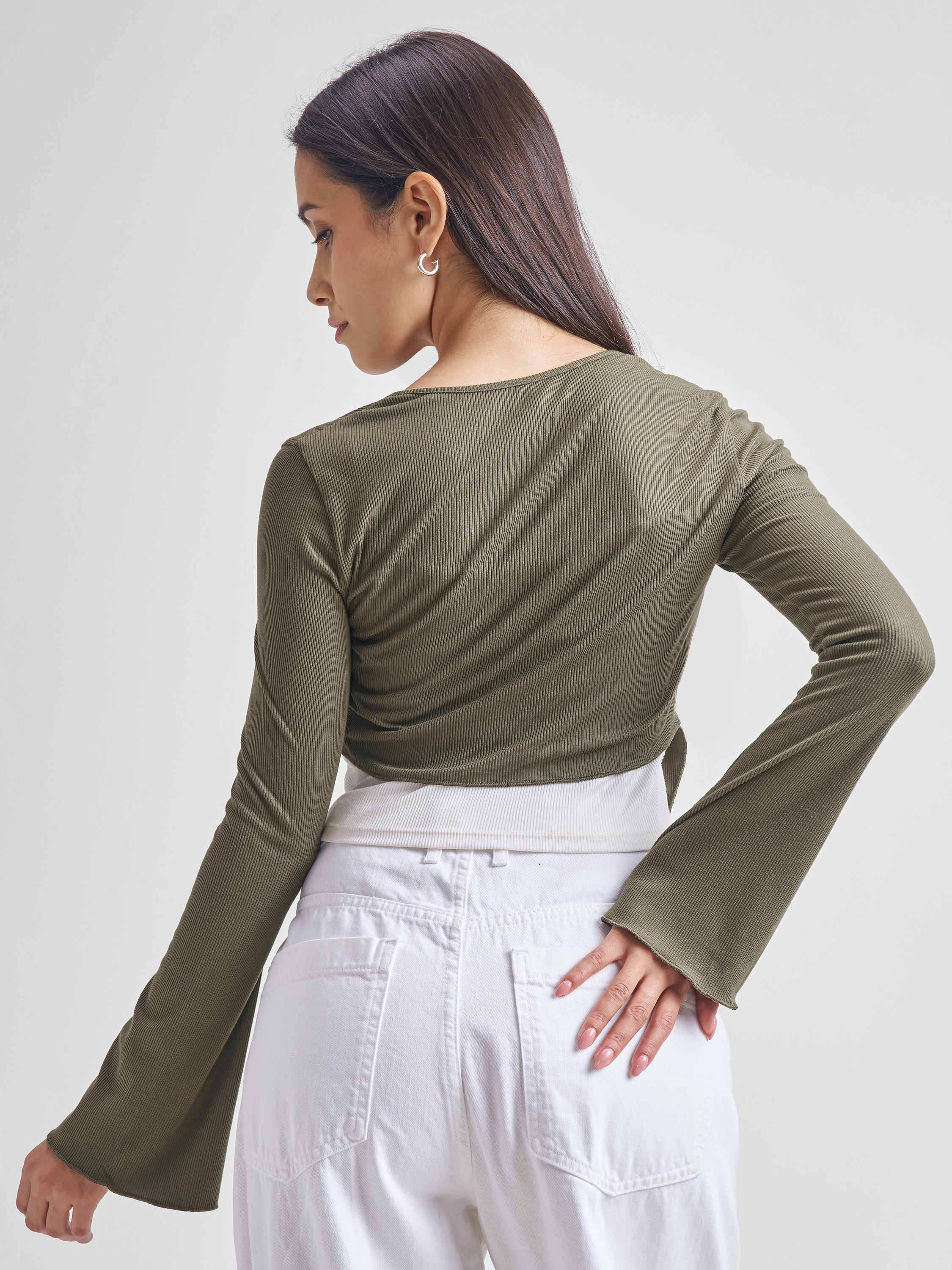 Tokyo Talkies Women Olive Solid Fitted Top - Olive - Image 3