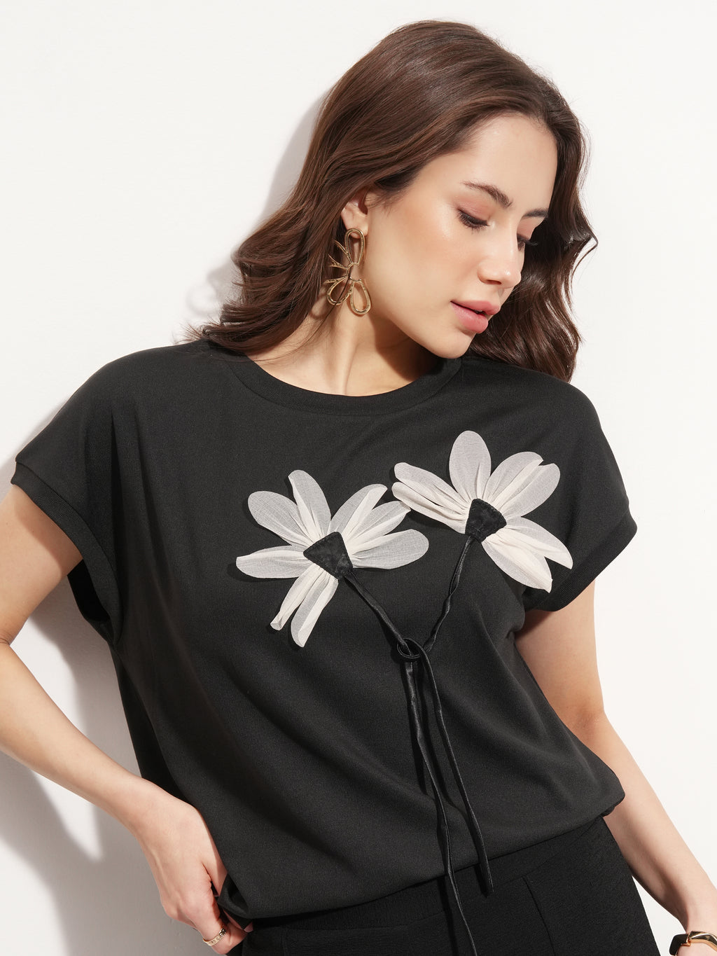 Tokyo Talkies Women Black Applique Regular Top - Black - Image 1
