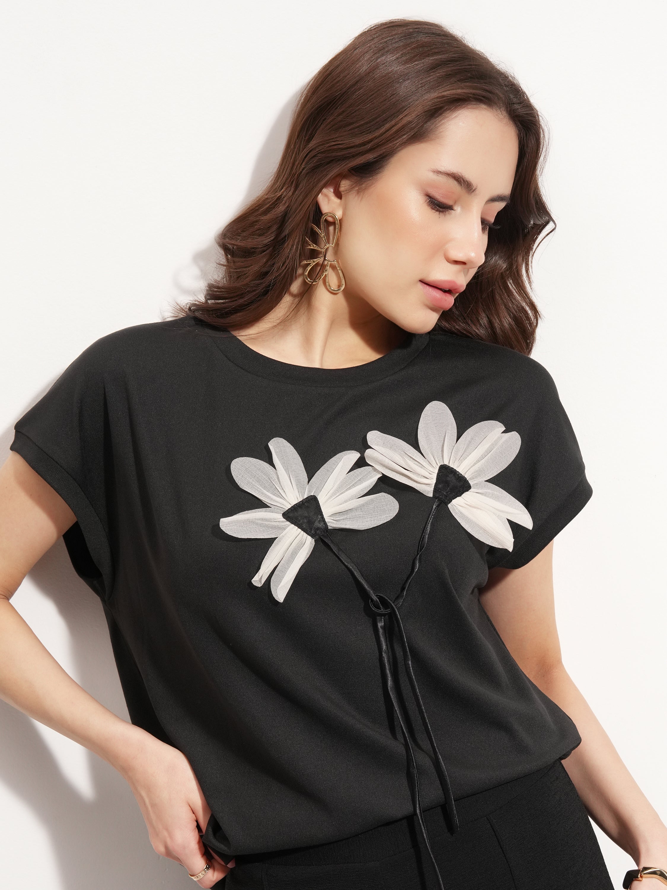 Tokyo Talkies Women Black Applique Regular Top - Black - Image 1