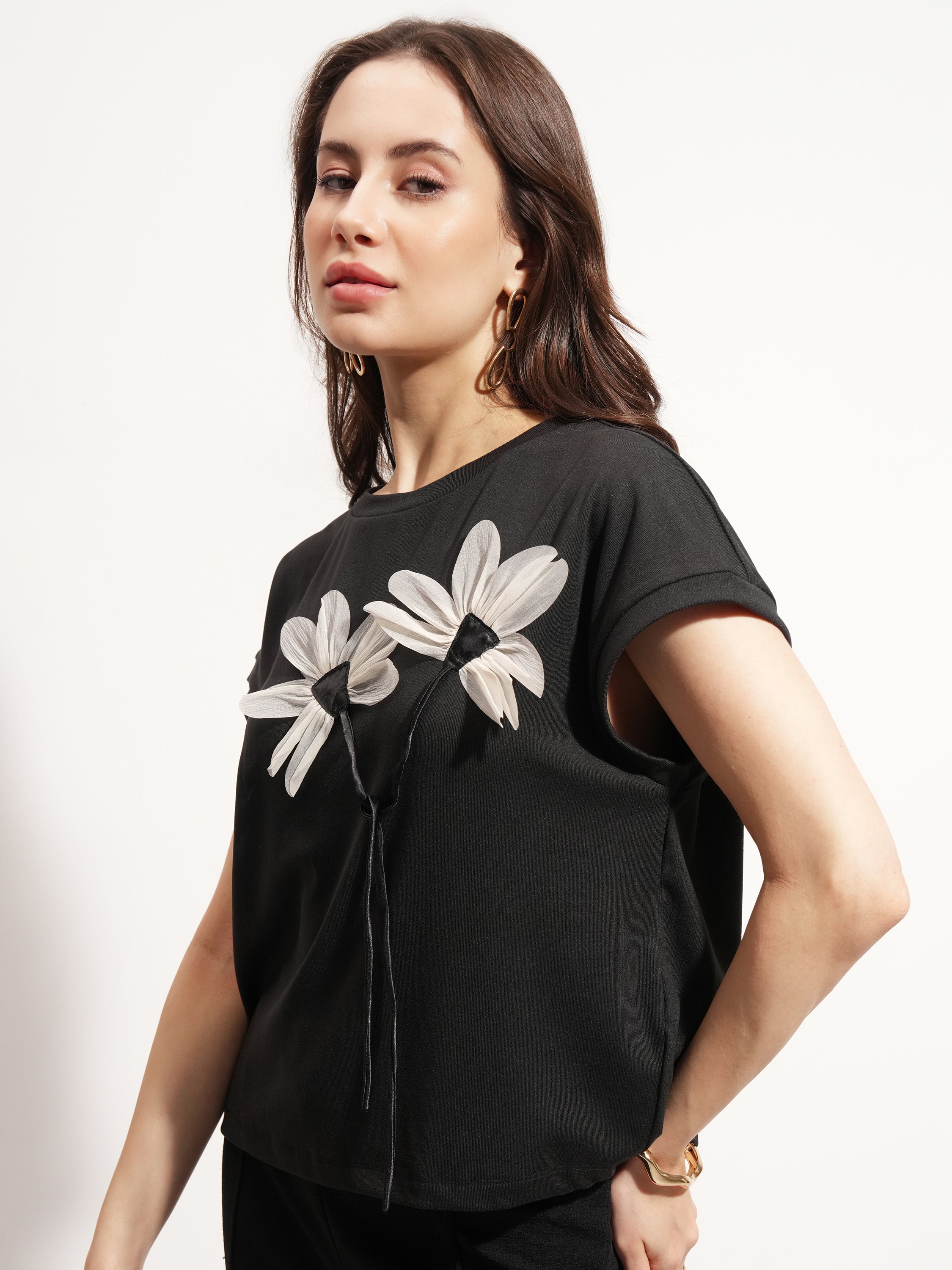 Tokyo Talkies Women Black Applique Regular Top - Black - Image 4