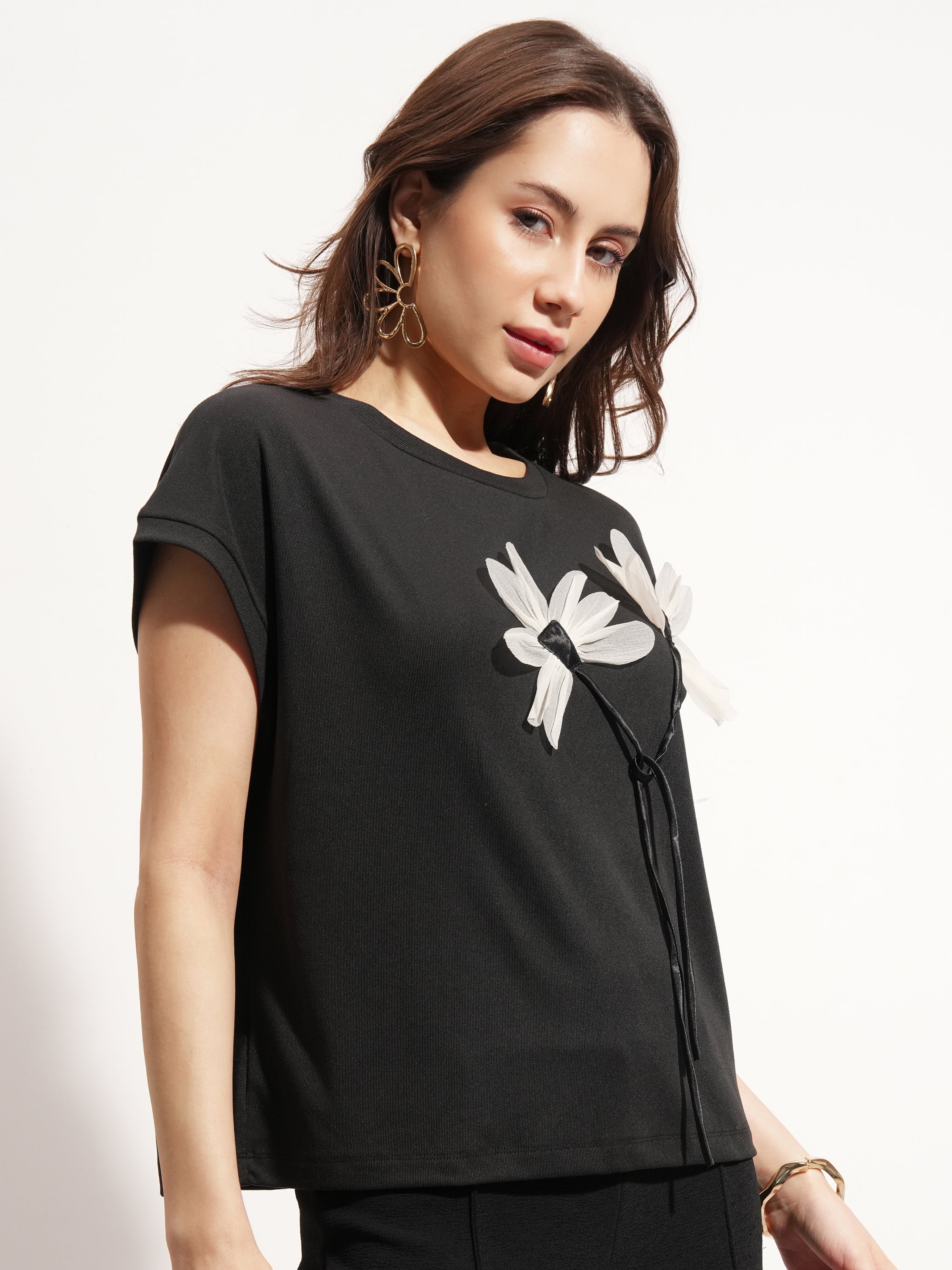 Tokyo Talkies Women Black Applique Regular Top - Black - Image 6