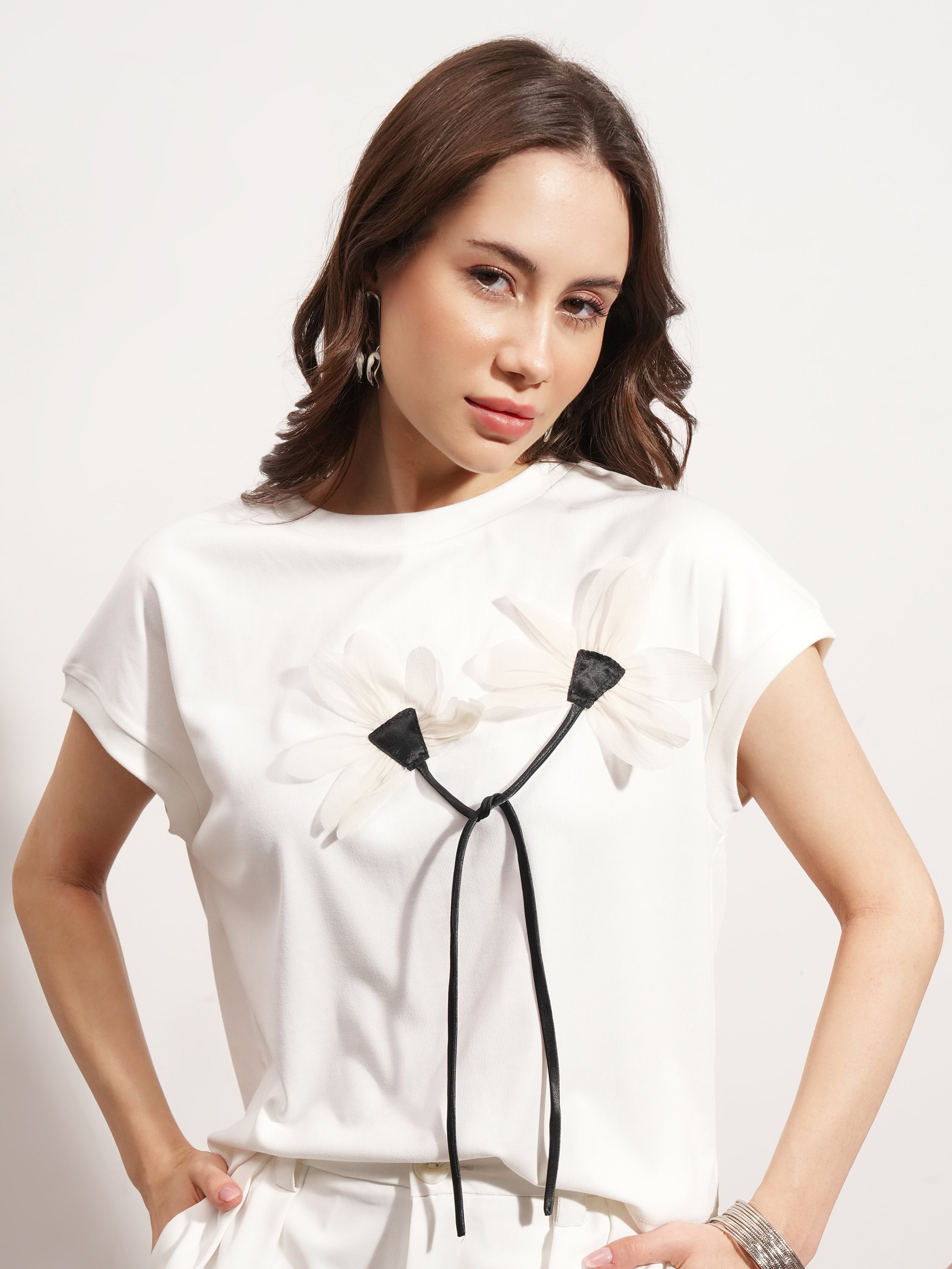 Tokyo Talkies Women White Applique Regular Top - White - Image 1