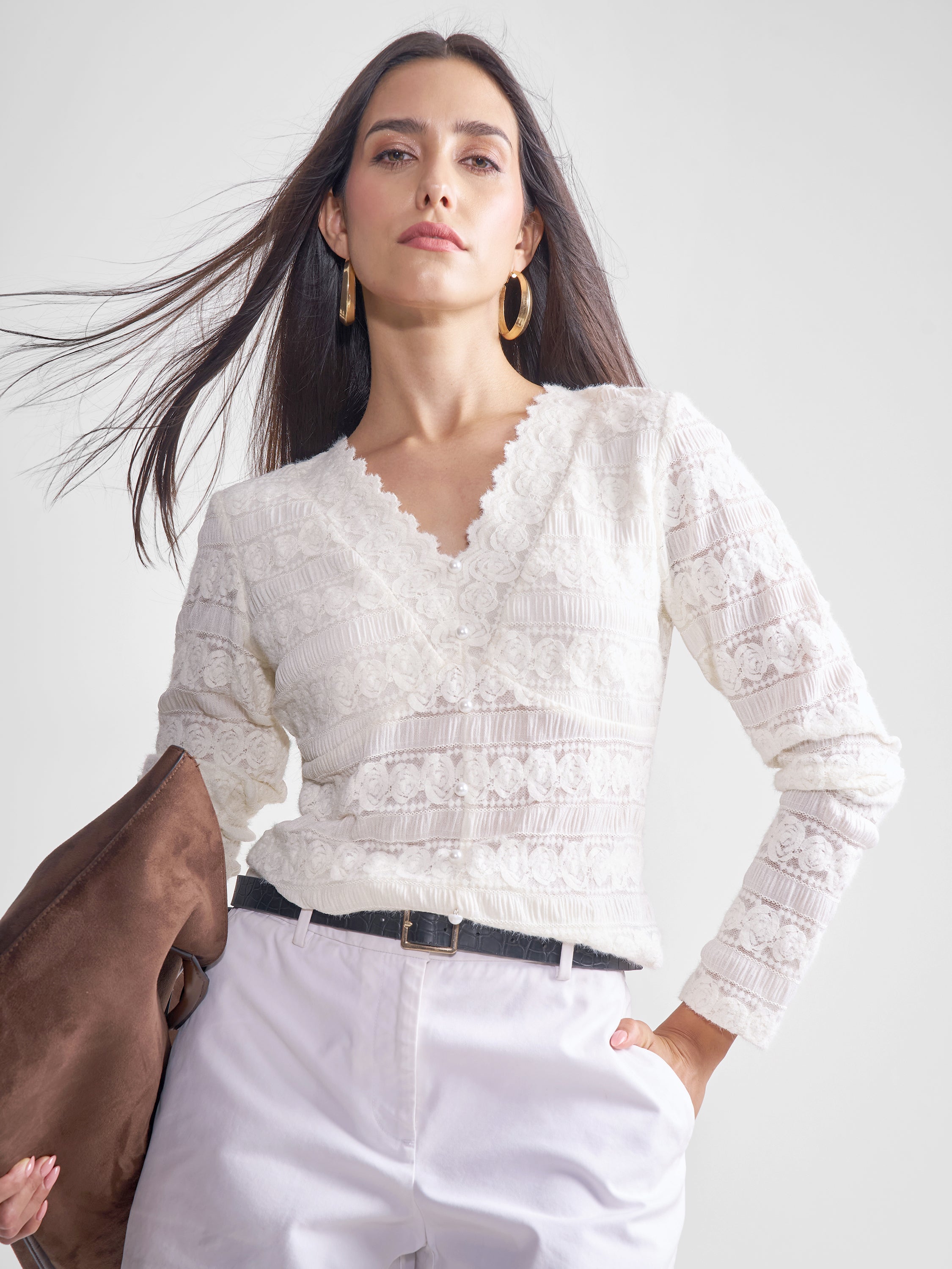 Tokyo Talkies Women Off White Self Design Regular Top - Off White - Image 1