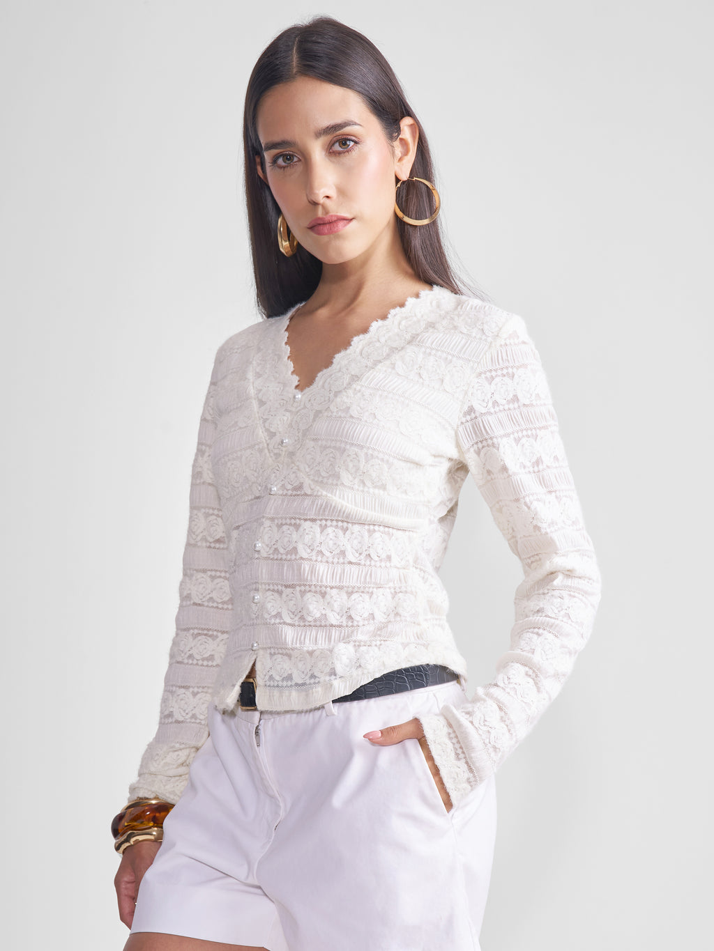 Tokyo Talkies Women Off White Self Design Regular Top - Off White - Image 4
