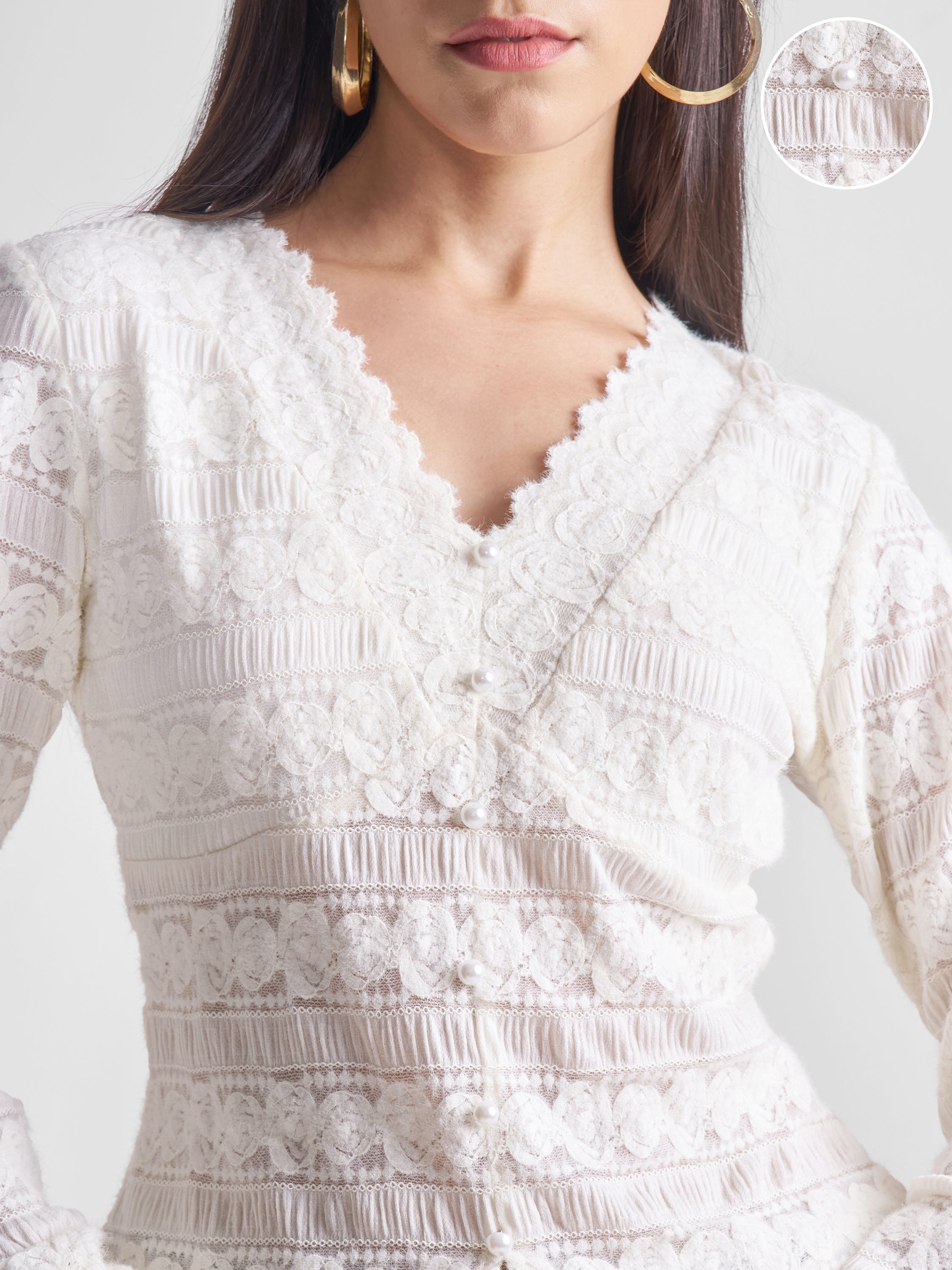 Tokyo Talkies Women Off White Self Design Regular Top - Off White - Image 5