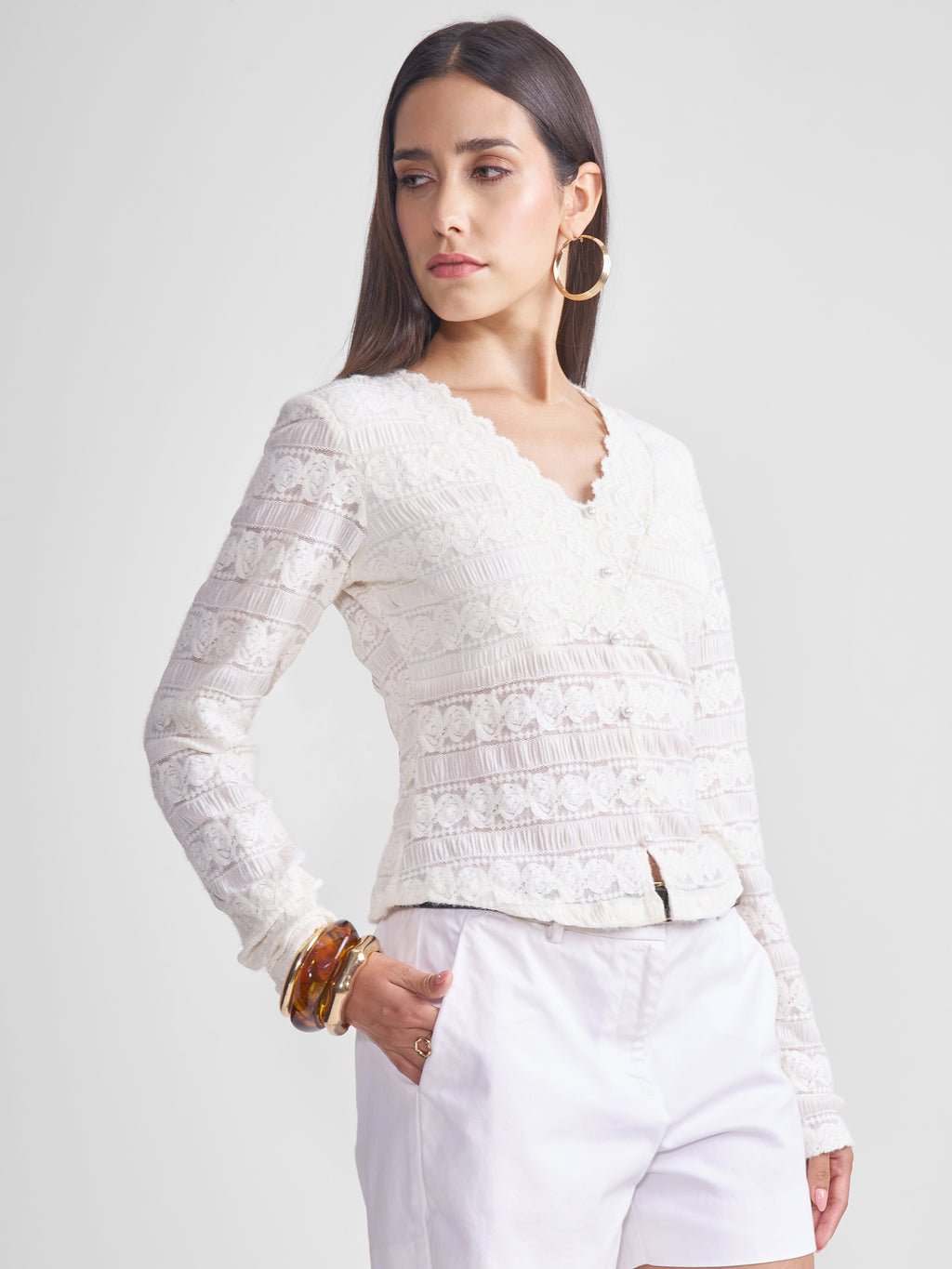 Tokyo Talkies Women Off White Self Design Regular Top - Off White - Image 6