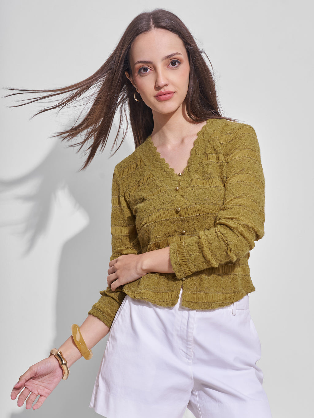 Tokyo Talkies Women Mustard Self Design Regular Top - Mustard - Image 1