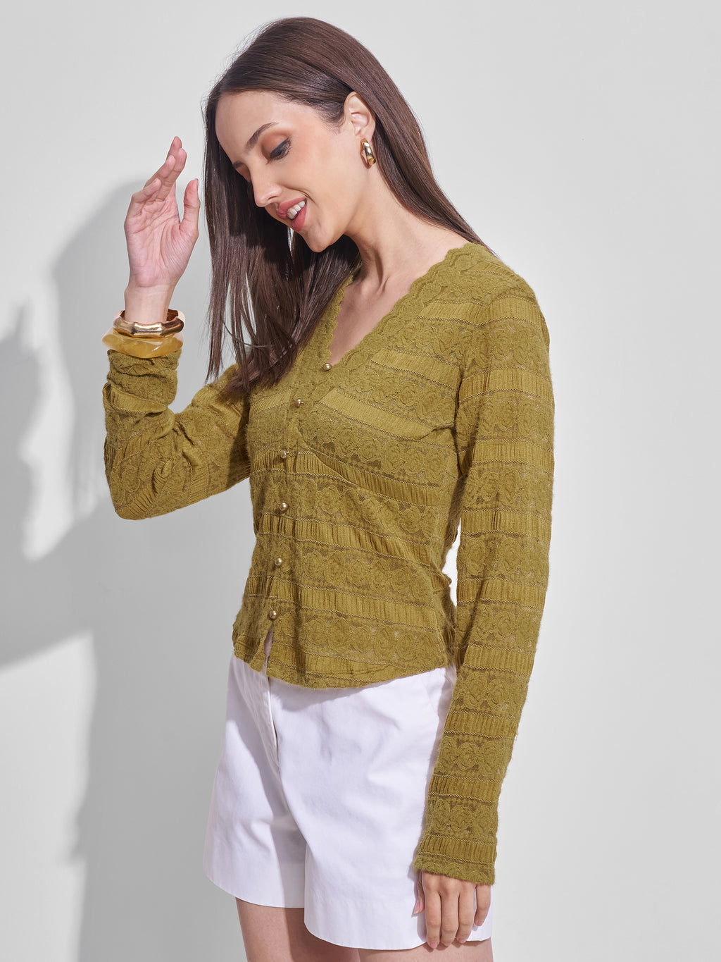 Tokyo Talkies Women Mustard Self Design Regular Top - Mustard - Image 4