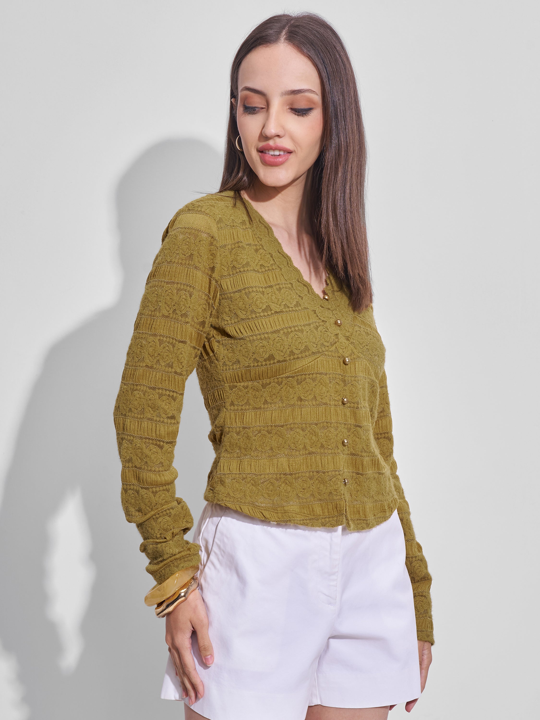 Tokyo Talkies Women Mustard Self Design Regular Top - Mustard - Image 6