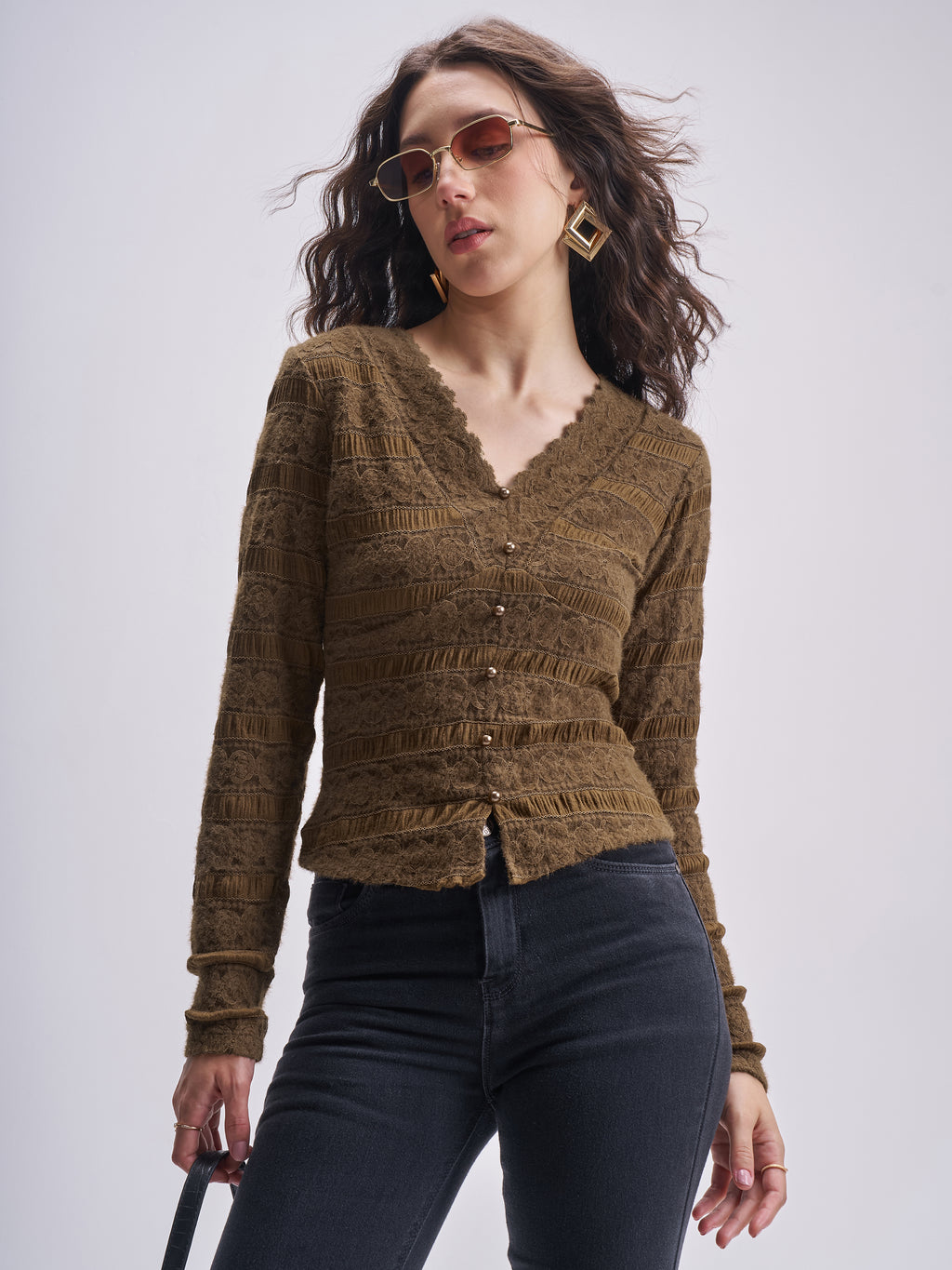 Tokyo Talkies Women Brown Self Design Regular Top - Brown - Image 1