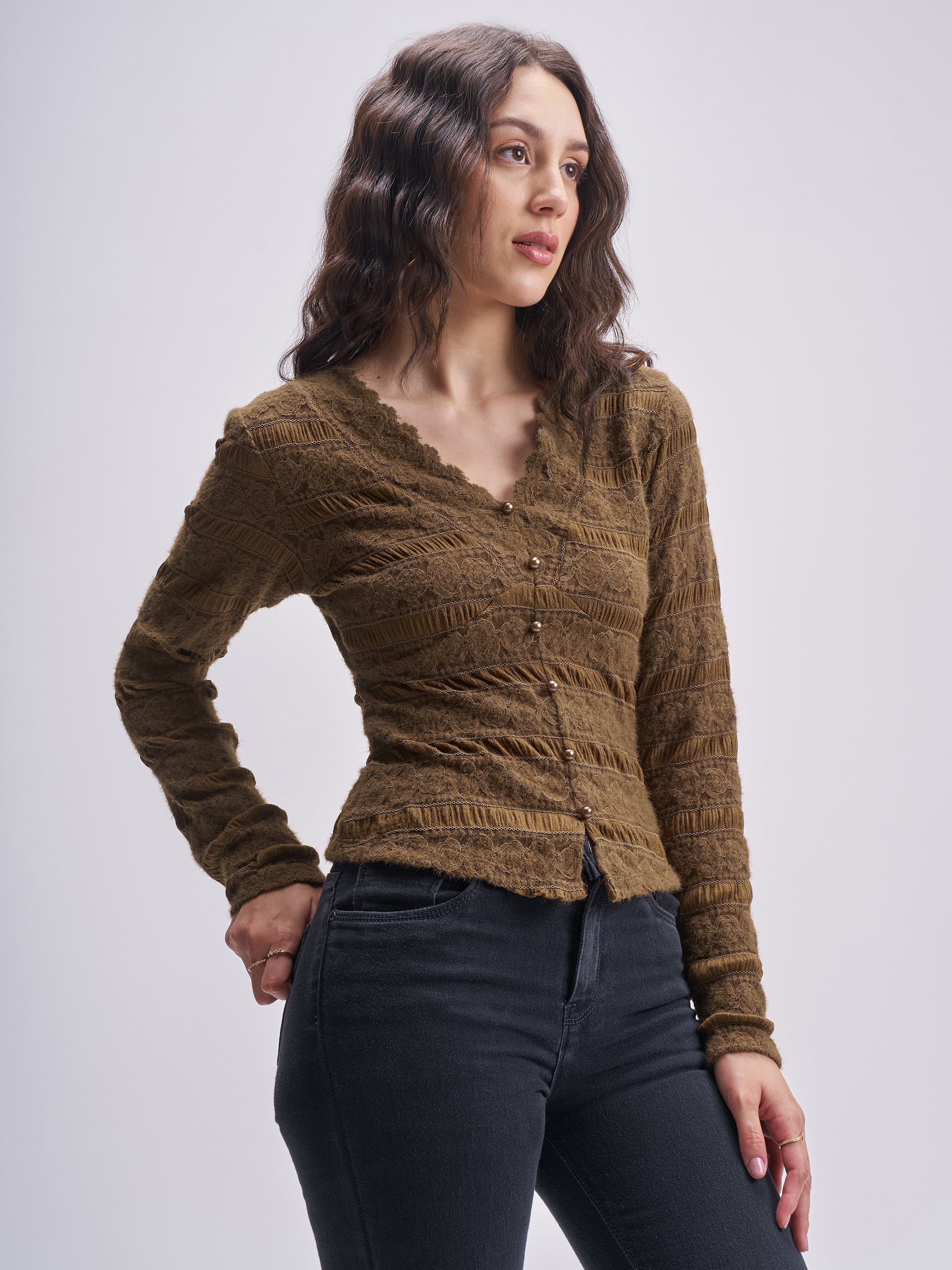 Tokyo Talkies Women Brown Self Design Regular Top - Brown - Image 6