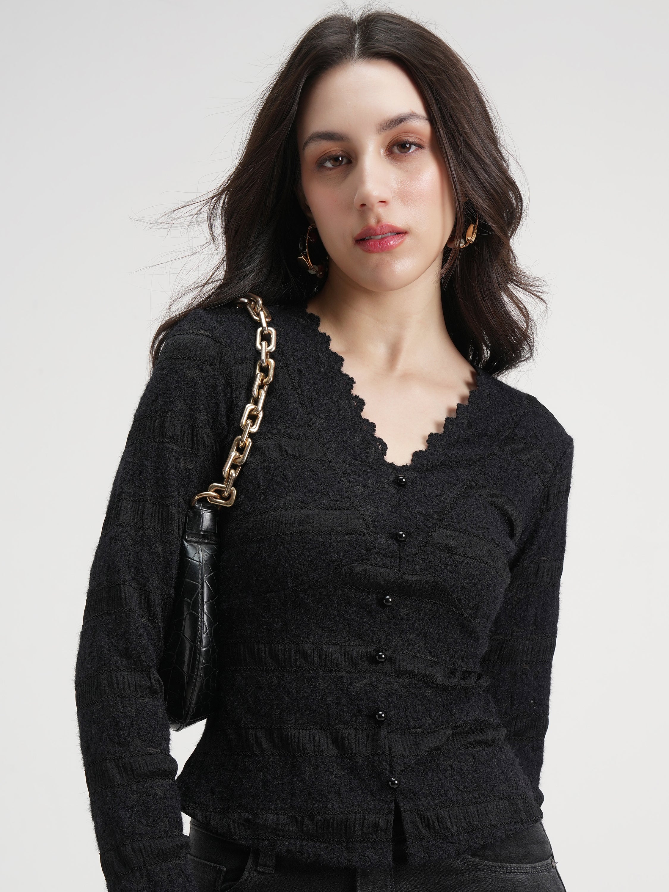 Tokyo Talkies Women Black Self Design Regular Top - Black - Image 1
