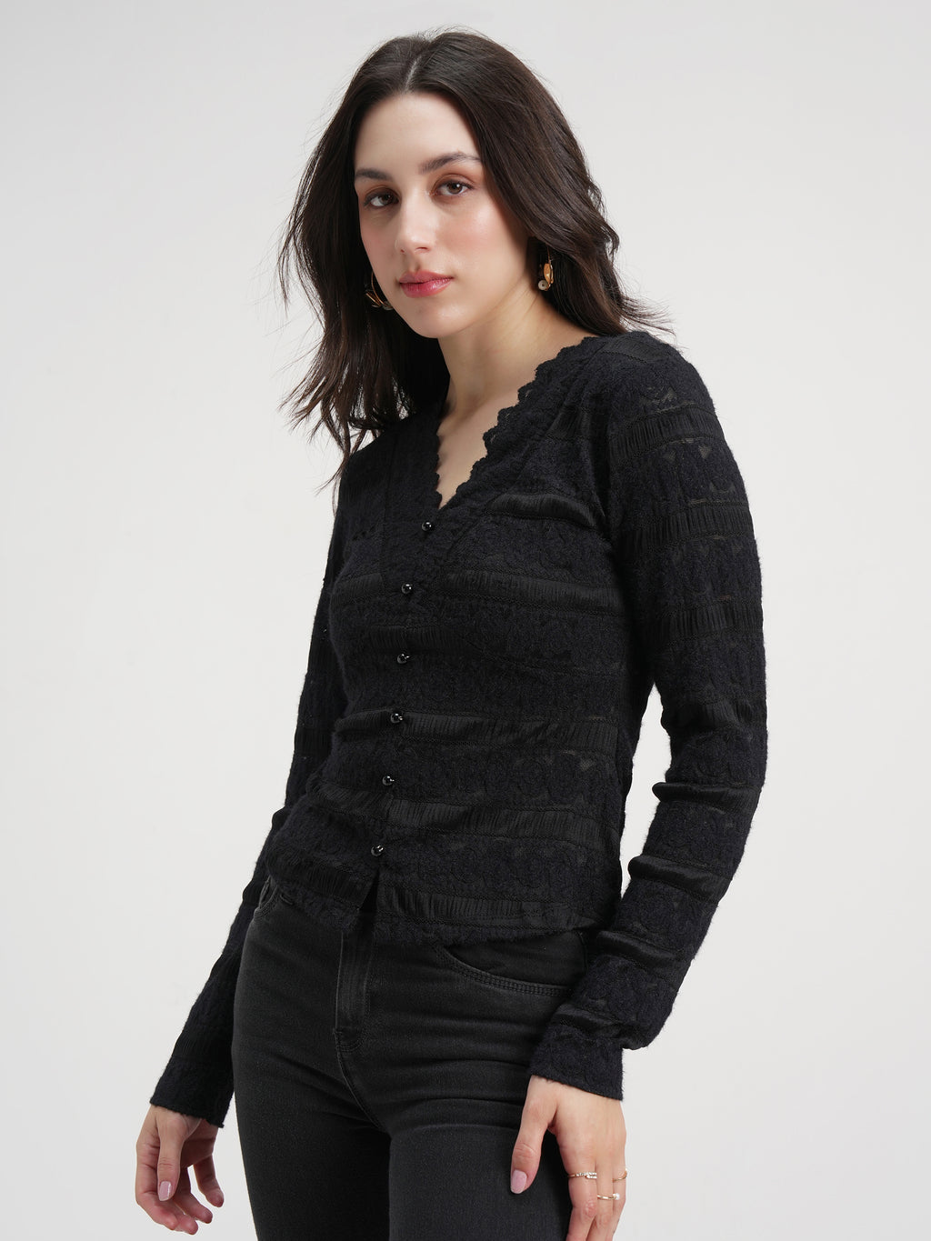 Tokyo Talkies Women Black Self Design Regular Top - Black - Image 4