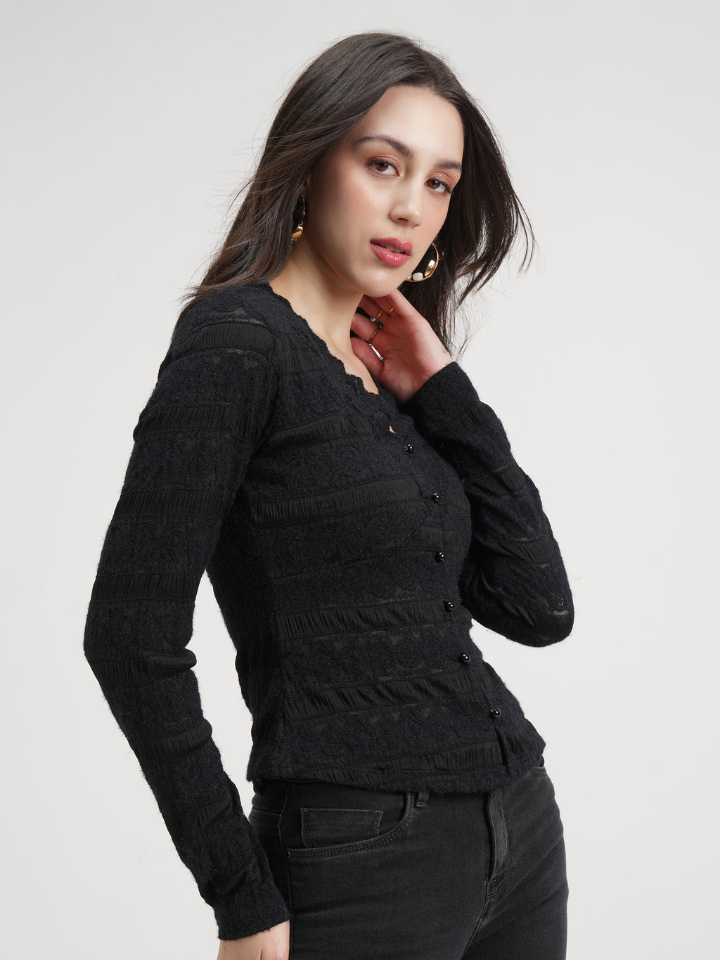 Tokyo Talkies Women Black Self Design Regular Top - Black - Image 6