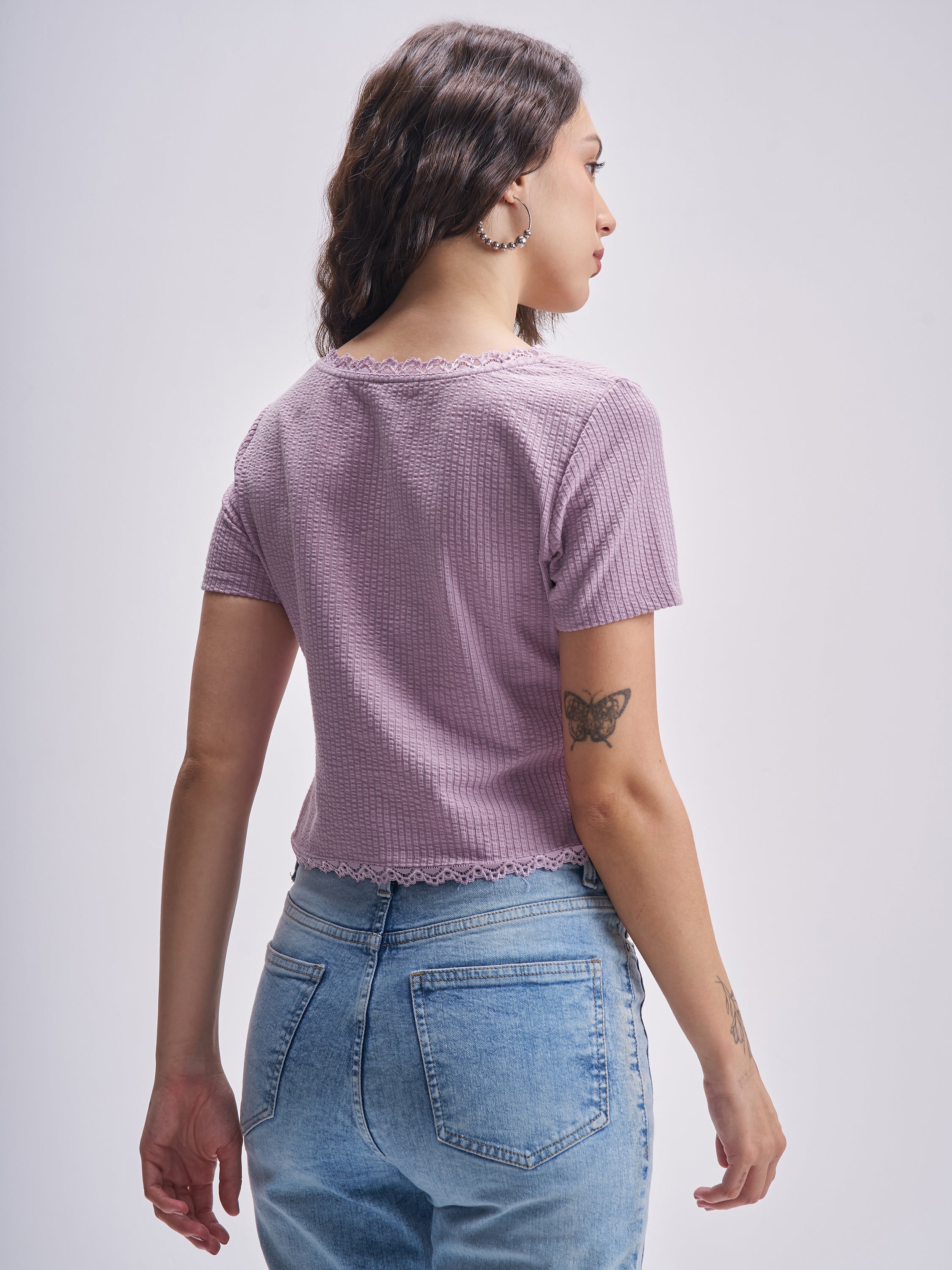 Tokyo Talkies Women Purple Self Design Regular Top - Purple - Image 3