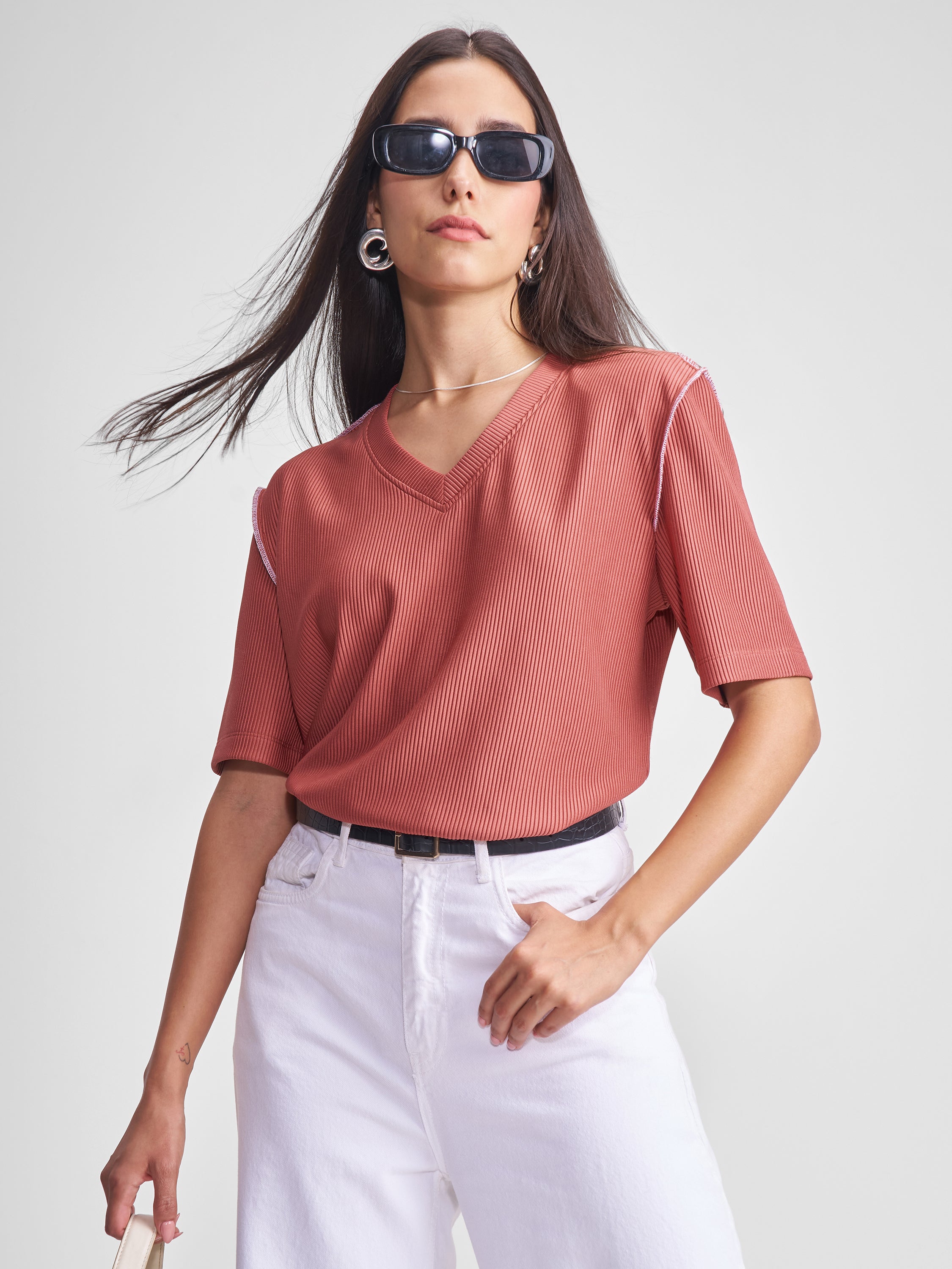 Tokyo Talkies Women Rust Solid Regular Top - Rust - Image 1
