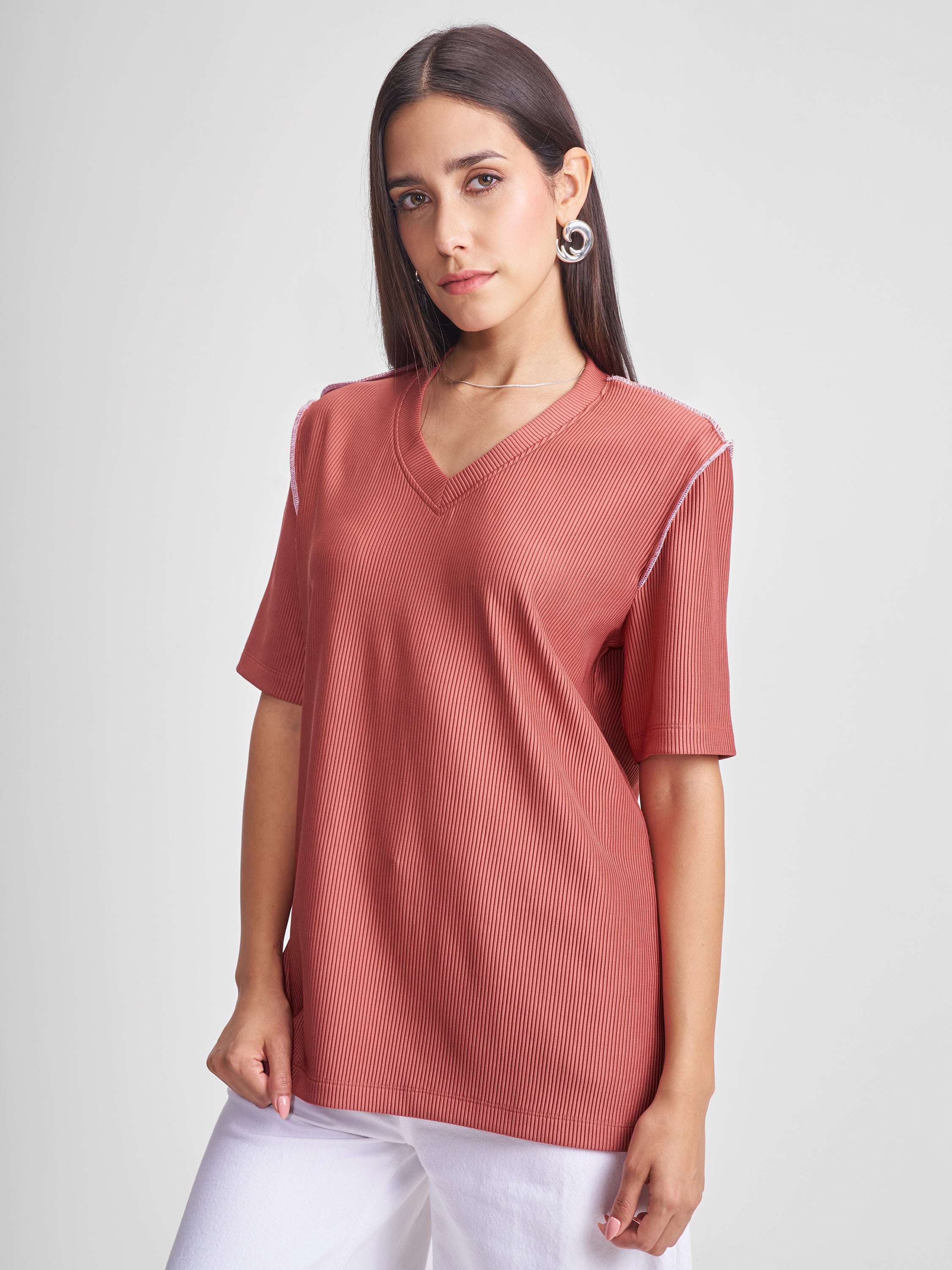 Tokyo Talkies Women Rust Solid Regular Top - Rust - Image 4