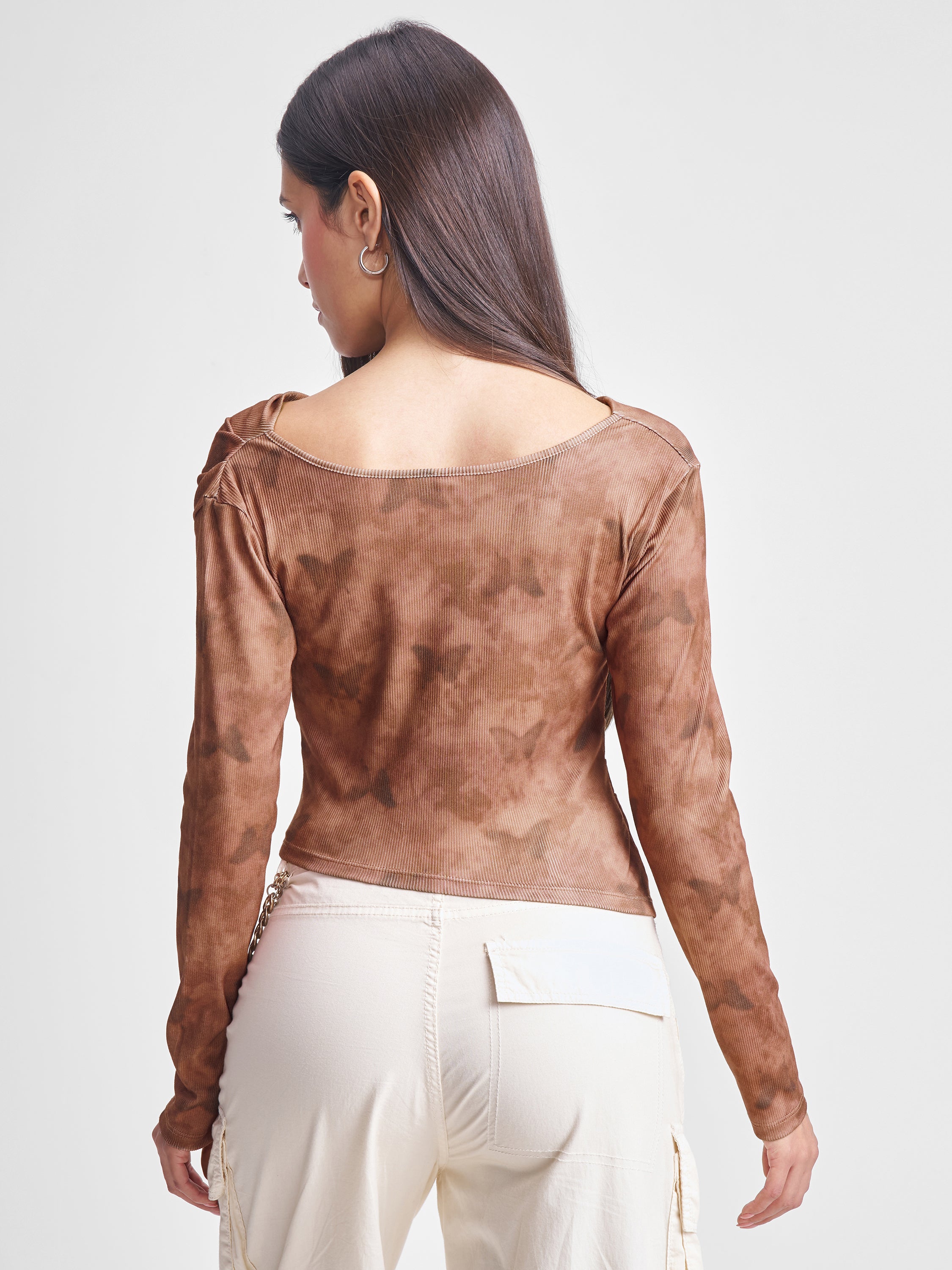 Tokyo Talkies Women Brown Printed Fitted Top - Brown - Image 3