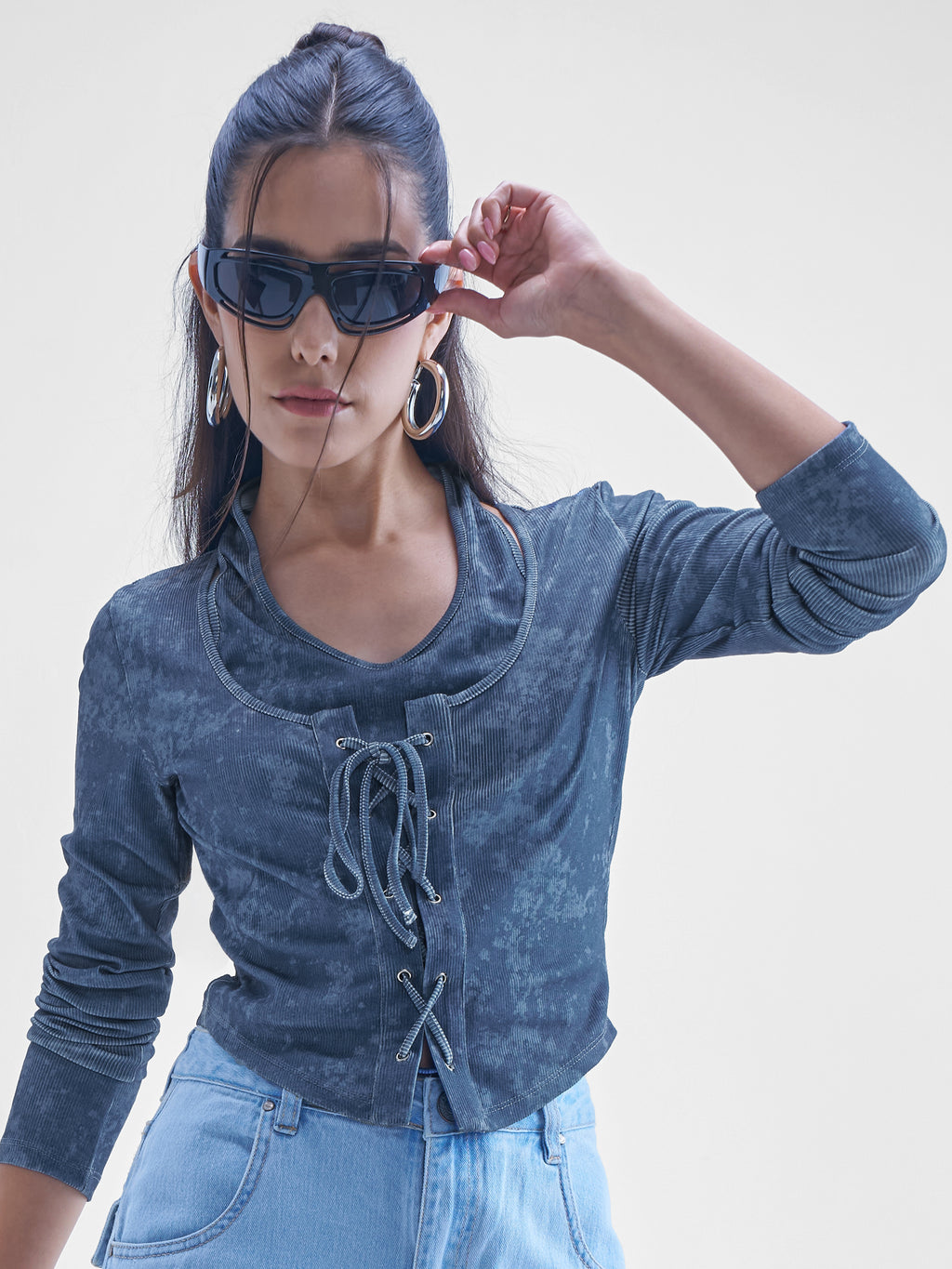 Street By Tokyo Talkies Women Blue Printed Shirt Style Top - Blue - Image 1