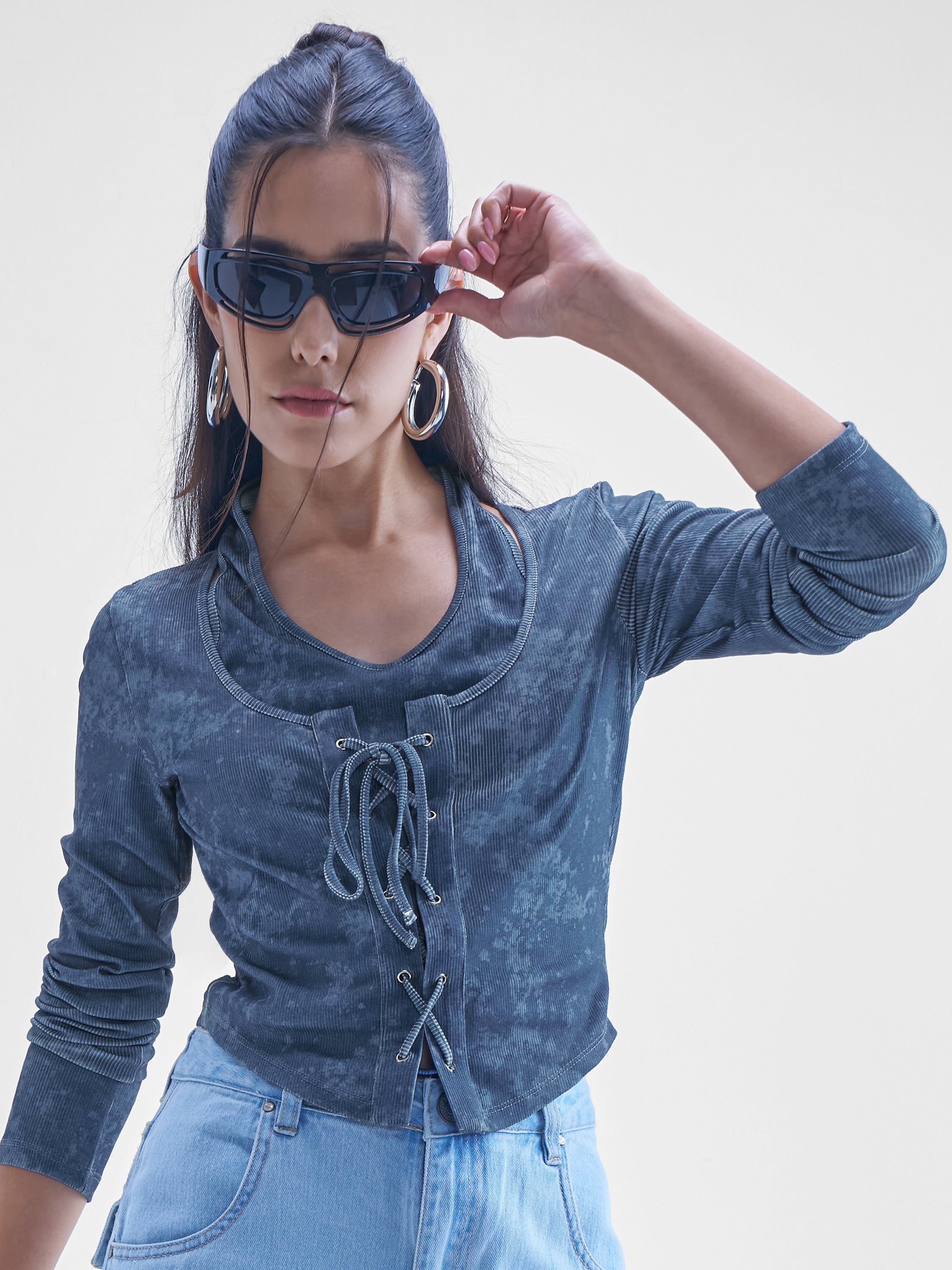 Street By Tokyo Talkies Women Blue Printed Shirt Style Top - Blue - Image 1