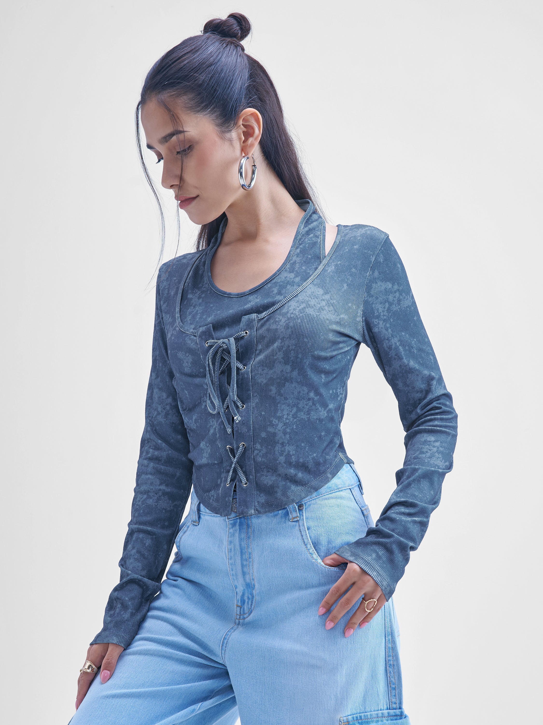 Street By Tokyo Talkies Women Blue Printed Shirt Style Top - Blue - Image 4