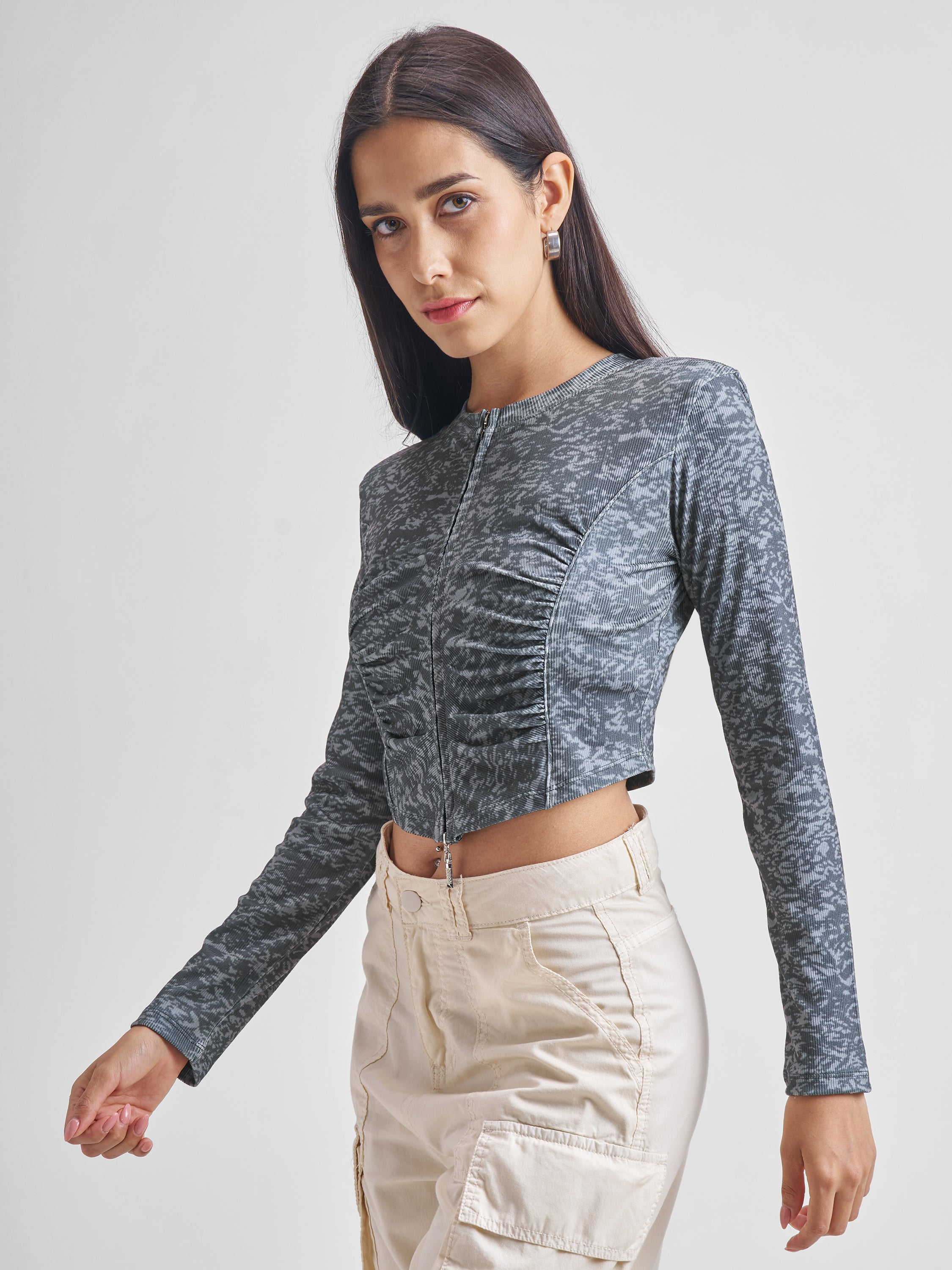 Tokyo Talkies Women Charcoal Printed Fitted Top - Charcoal - Image 4