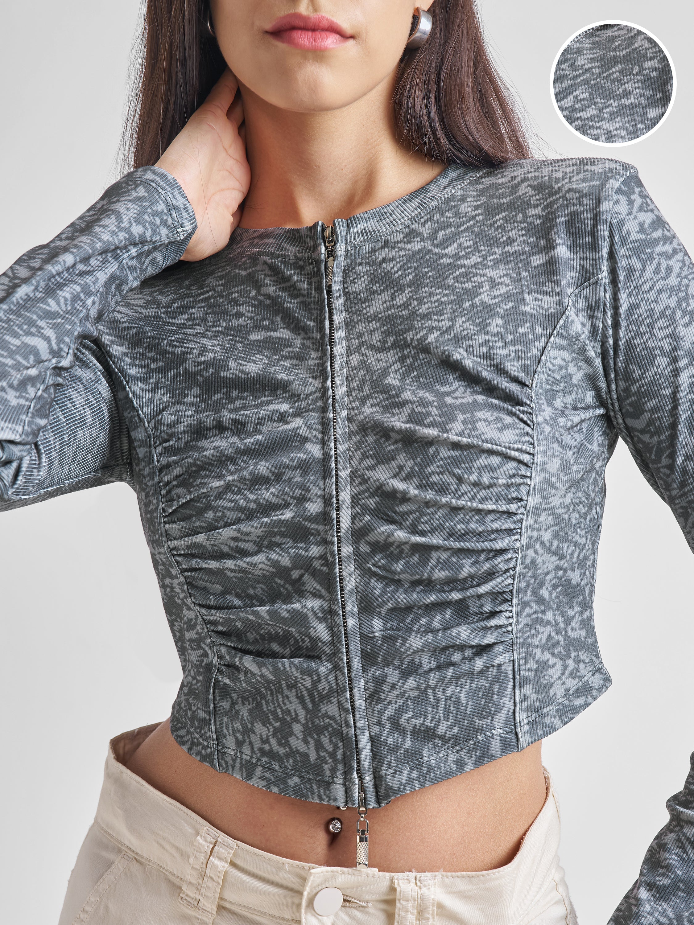 Tokyo Talkies Women Charcoal Printed Fitted Top - Charcoal - Image 5