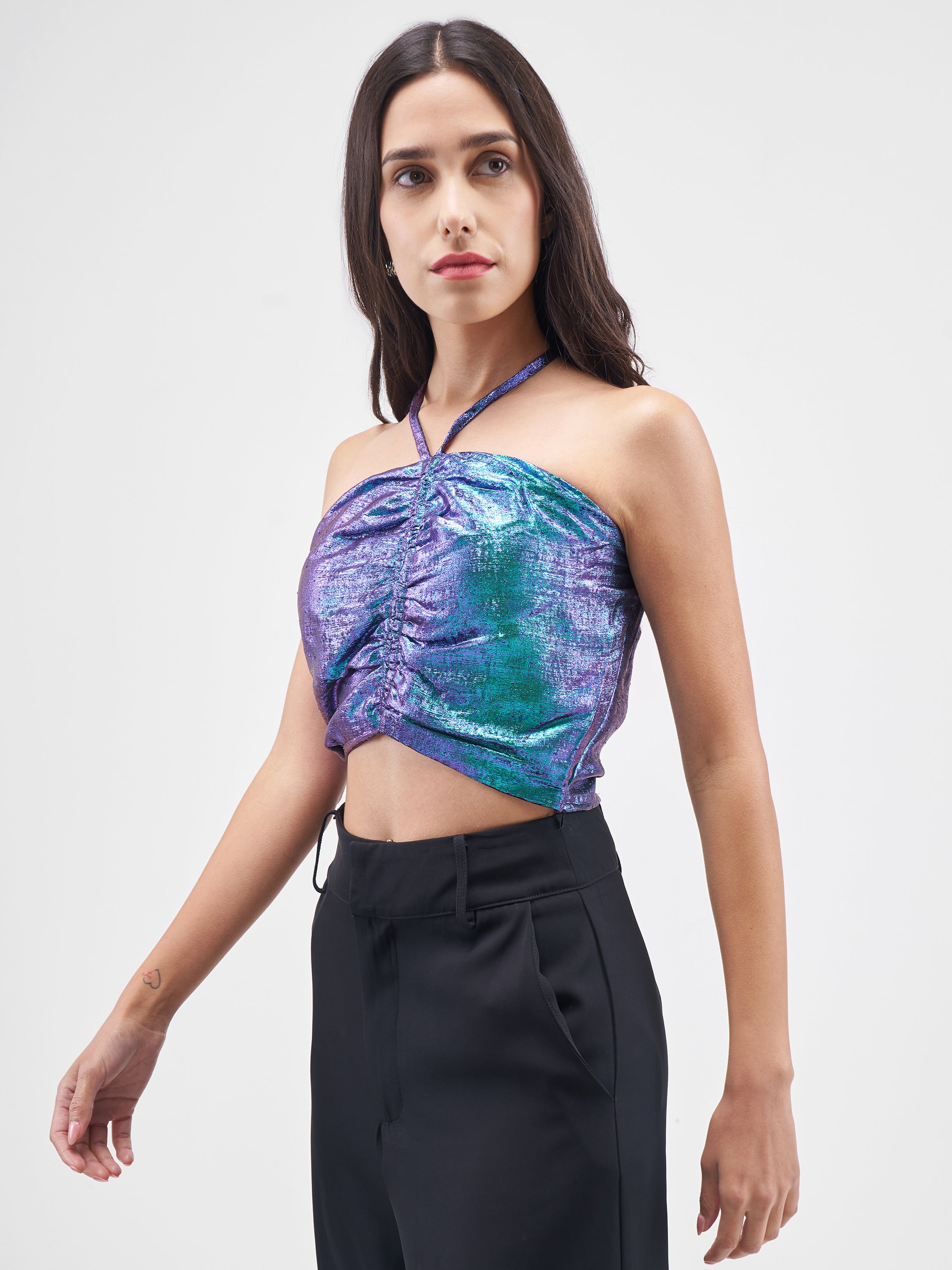 Tokyo Talkies Women Blue Self Design Regular Top - Blue - Image 4