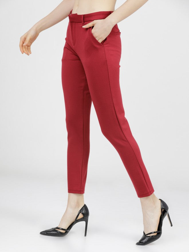 Tokyo Talkies Womens Maroon Solid Mid Waisted Trouser - Maroon - Image 2