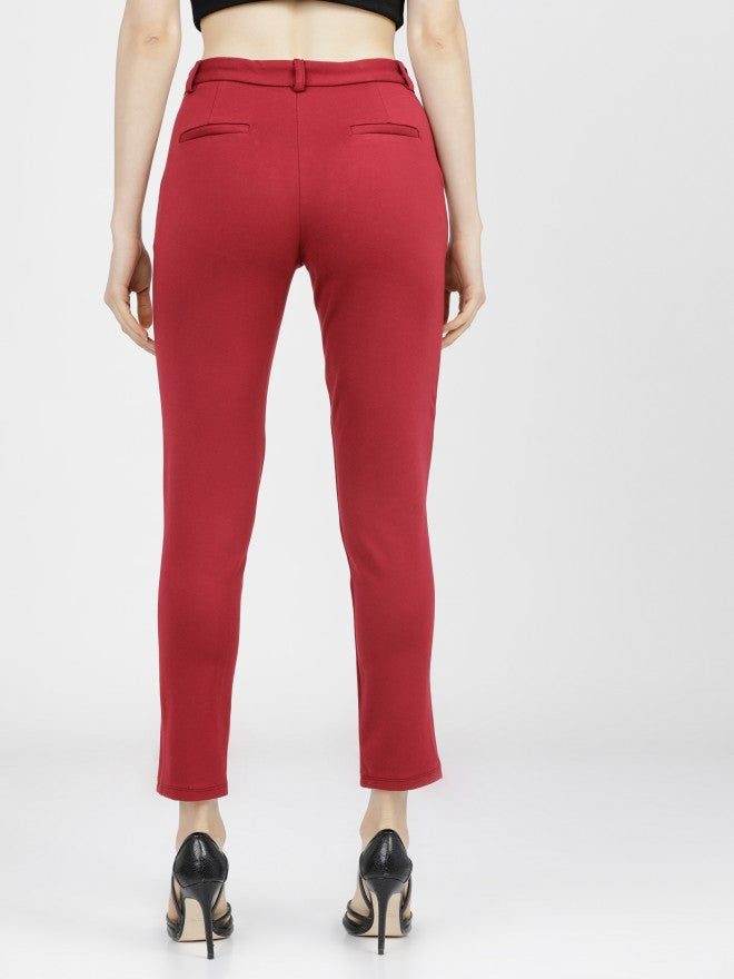 Tokyo Talkies Womens Maroon Solid Mid Waisted Trouser - Maroon - Image 3