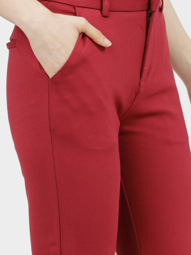 Tokyo Talkies Womens Maroon Solid Mid Waisted Trouser - Maroon - Image 4