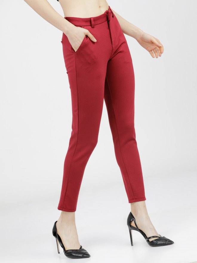 Tokyo Talkies Womens Maroon Solid Mid Waisted Trouser - Maroon - Image 6