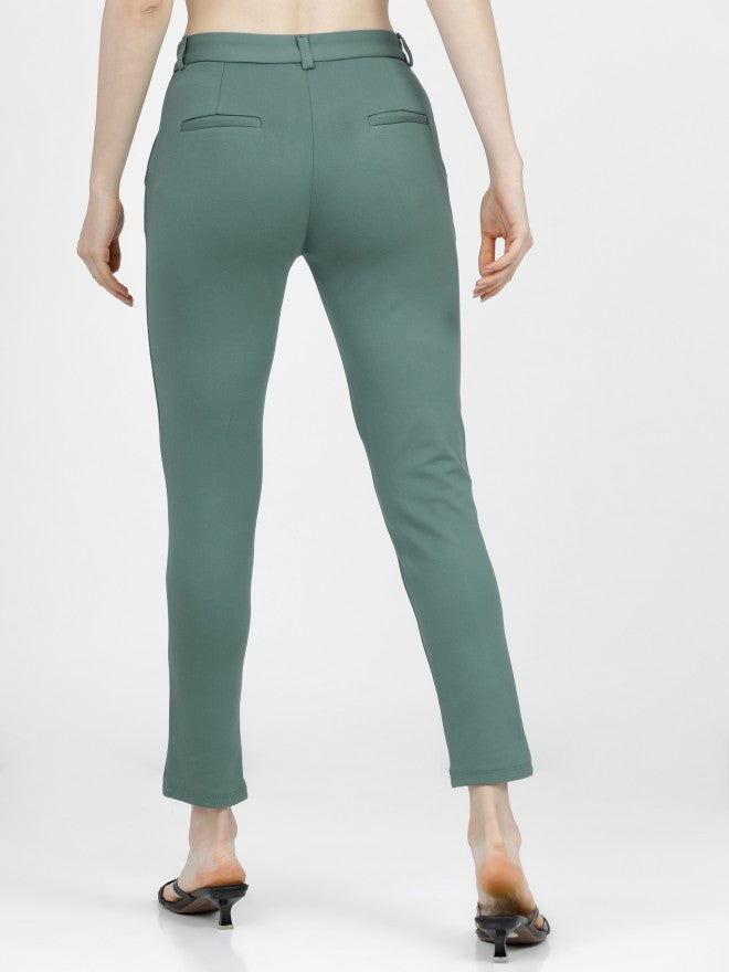 Tokyo Talkies Womens Dusty Teal Solid Mid Waisted Trouser - Teal - Image 3
