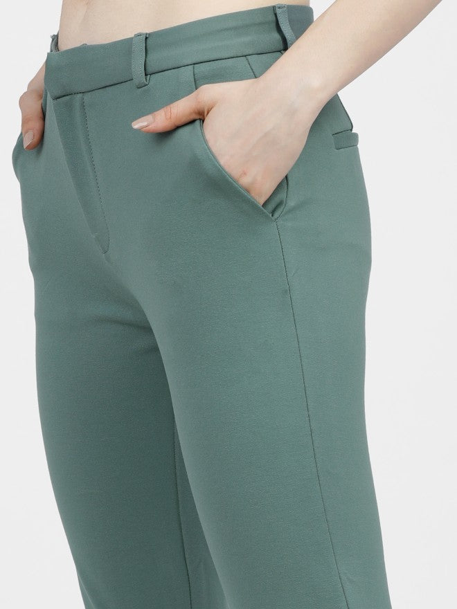 Tokyo Talkies Womens Dusty Teal Solid Mid Waisted Trouser - Teal - Image 4