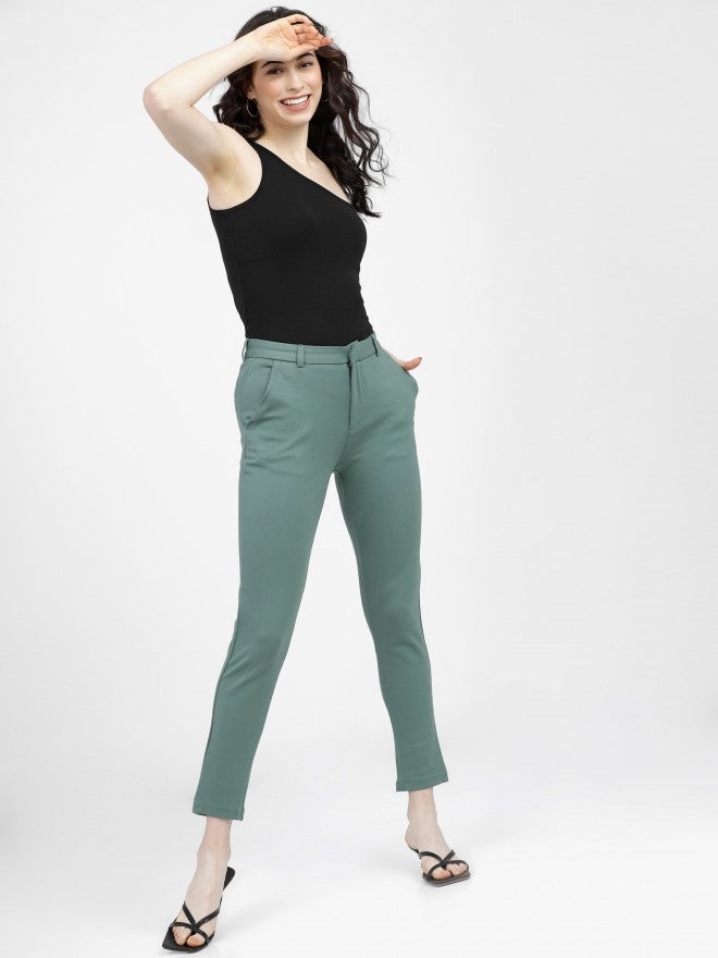 Tokyo Talkies Womens Dusty Teal Solid Mid Waisted Trouser - Teal - Image 5