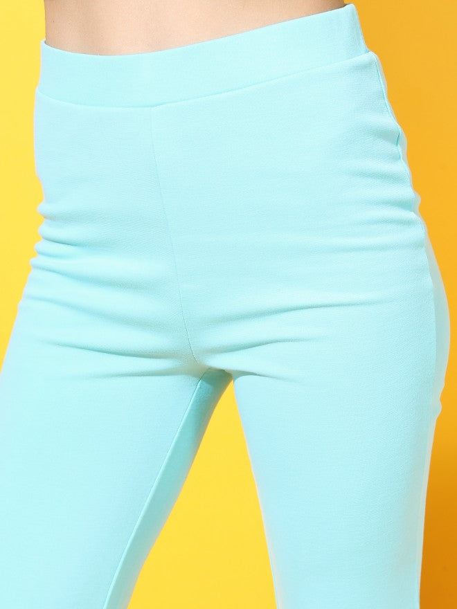 Tokyo Talkies Women Aqua Solid Flared Casual Trouser - Blue - Image 4