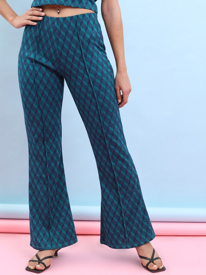 Tokyo Talkies Women Teal/Blue Jacquard Bootcut Trouser - Multi - Image 1