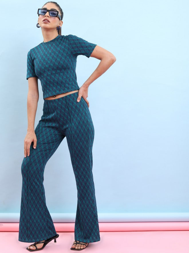 Tokyo Talkies Women Teal/Blue Jacquard Bootcut Trouser - Multi - Image 2