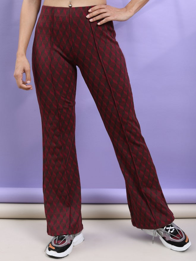 Tokyo Talkies Women Brown Self Design Bootcut Casual Trouser - Brown - Image 1