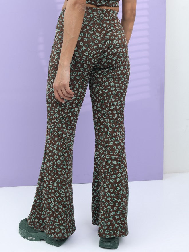 Tokyo Talkies Women Brown/Aqua Jacquard Bootcut Trouser - Brown - Image 3