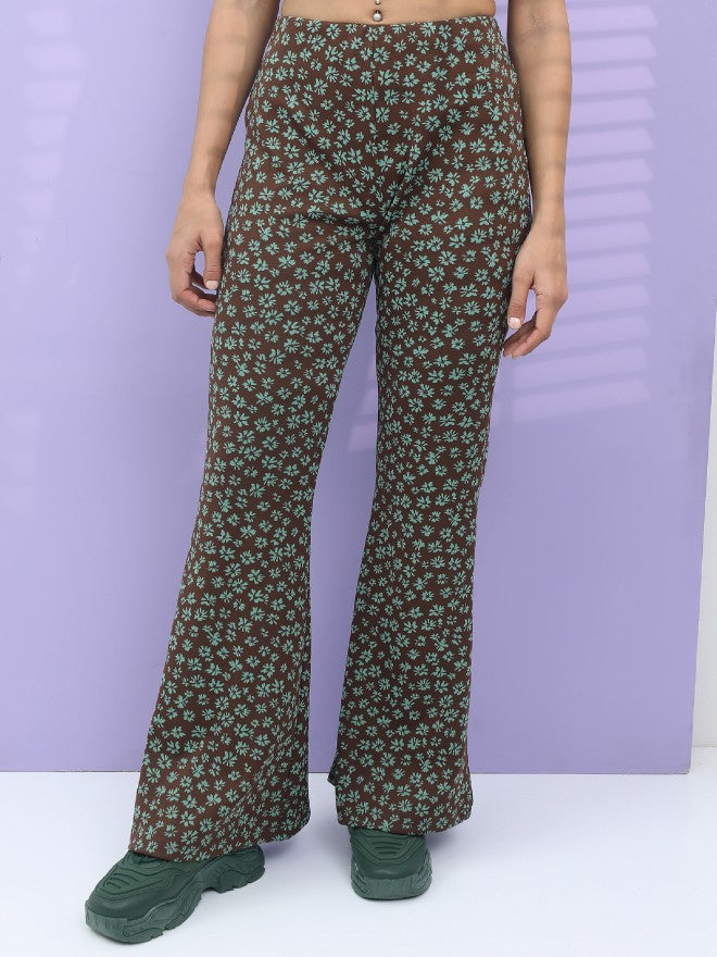 Tokyo Talkies Women Brown/Aqua Jacquard Bootcut Trouser - Brown - Image 4