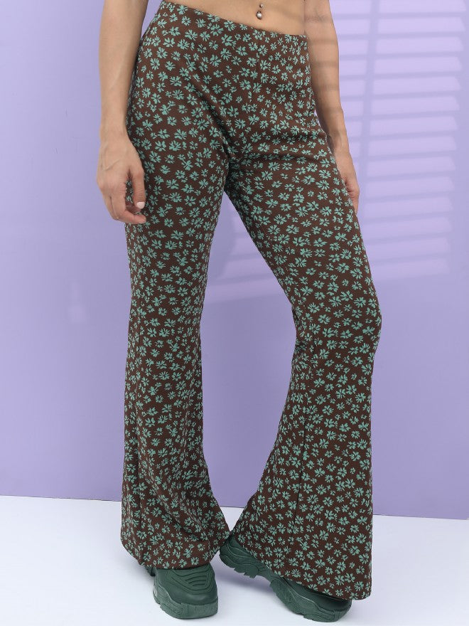 Tokyo Talkies Women Brown/Aqua Jacquard Bootcut Trouser - Brown - Image 6