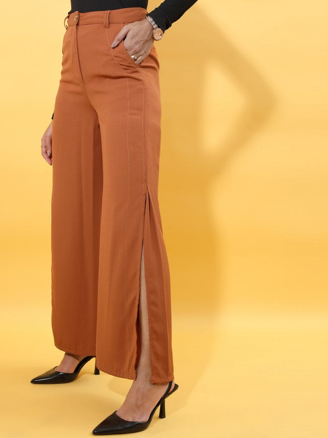 Tokyo Talkies Women Brown Solid Flared Casual Trouser - Brown - Image 1