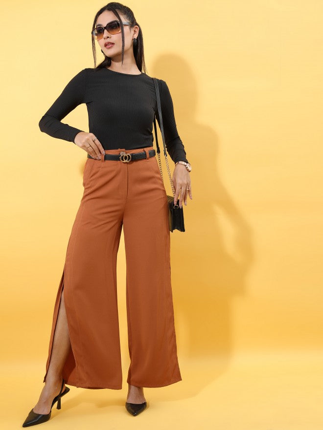 Tokyo Talkies Women Brown Solid Flared Casual Trouser - Brown - Image 2