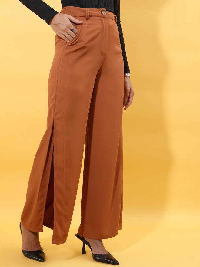Tokyo Talkies Women Brown Solid Flared Casual Trouser - Brown - Image 6