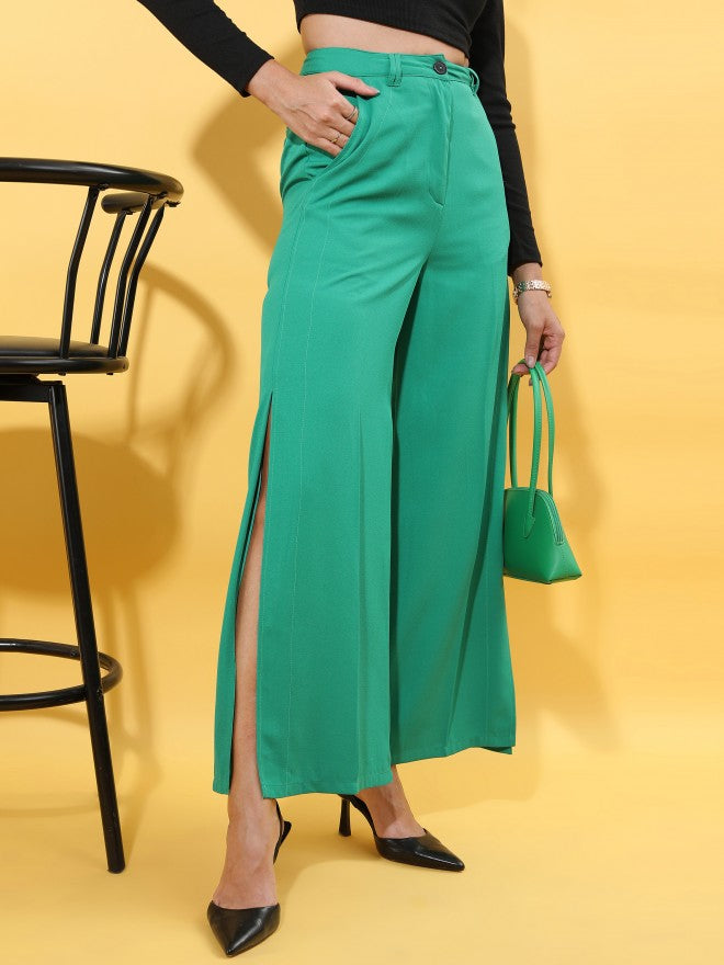 Tokyo Talkies Women Green Flared Trousers - Green - Image 1
