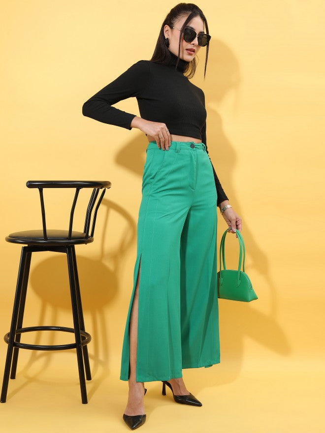 Tokyo Talkies Women Green Flared Trousers - Green - Image 2